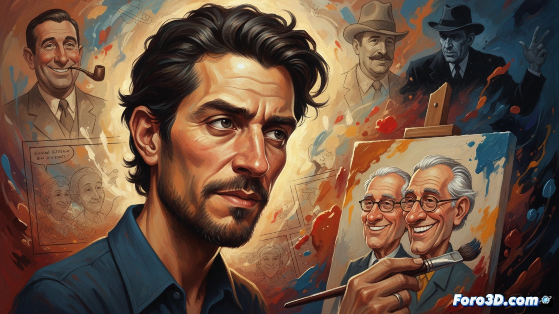 Luis Rojas sostiene un pincel frente a un retrato caricaturesco que fusiona óleo realista y exageración expresiva, con fondos texturizados y luces dramáticas.