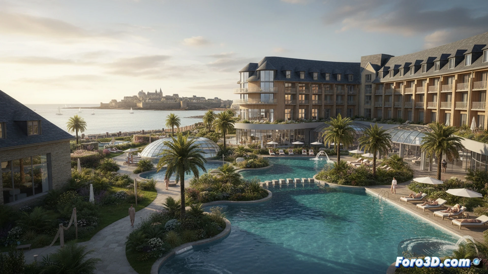 antiguo camping costero transformándose en complejo hotelero de lujo, grúas de construcción elevando vigas de acero sobre piscinas de talasoterapia, trabajadores instalando paneles de vidrio en fachadas contemporáneas, olas rompiendo contra el malecón de granito en Saint-Malo, maquinaria excavando cimientos junto a la costa bretona, demostrando el proceso de renovación urbana, estilo cinematográfico hiperrealista, iluminación dorada del atardecer reflejándose en el agua, texturas de hormigón pulido y acero inoxidable, cielo nublado dramático, render arquitectónico fotorrealista
