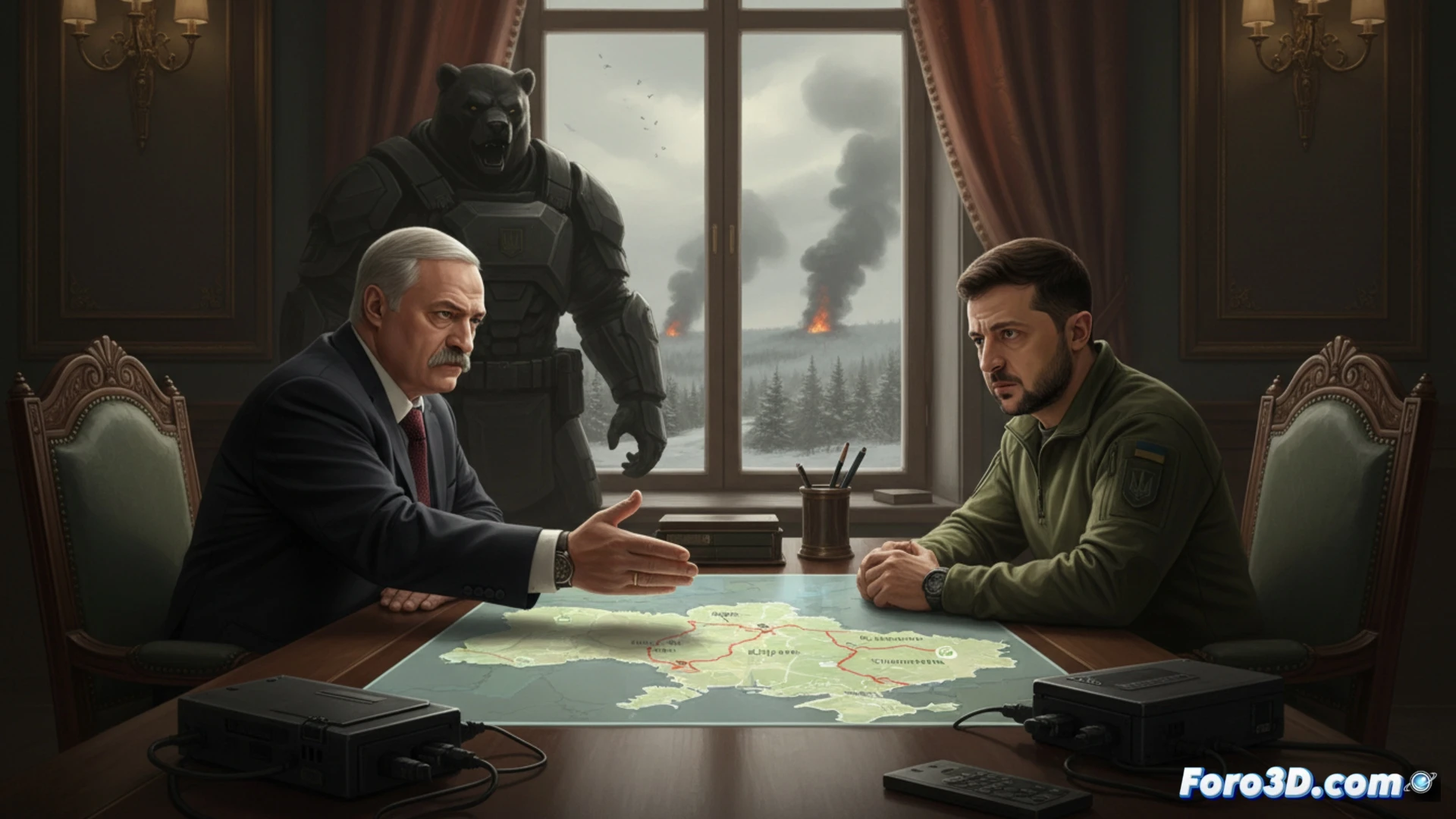 bielorruso presidente Lukashenko extendiendo una mano abierta hacia un mapa militar digital de Ucrania, tropas ucranianas señalando pantallas tácticas con alertas rojas de ofensiva, tanques rusos agrupándose cerca de la frontera norte, radar de vigilancia activo mostrando vectores de ataque hacia Kiev y Chernihiv, ambiente de sala de guerra con monitores y paneles LED, iluminación fría azul y roja de emergencia, estilo cinematic photorealistic, texturas metálicas y de plástico de equipos militares, humo de fondo, tensión visual palpable