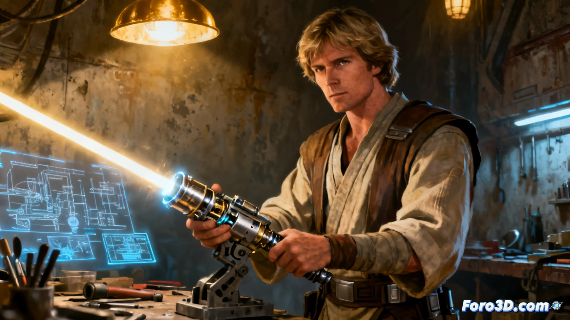 Luke Skywalker mid-jump in a carbon-freezing chamber, igniting a green lightsaber while mechanical assembly arms hover nearby, holographic schematics of a lightsaber hilt floating beside him, glowing blueprints projected on a dark metallic wall, Dash Rendar’s blaster pistol visible on a workbench with tools scattered around, cinematic photorealistic style, dramatic side lighting casting sharp shadows, sparks from a welding torch in the background, motion blur on Luke’s cloak, ultra-detailed fabric texture, reflective surfaces on the floor showing faint starfield reflection, technical illustration aesthetic with mechanical precision.