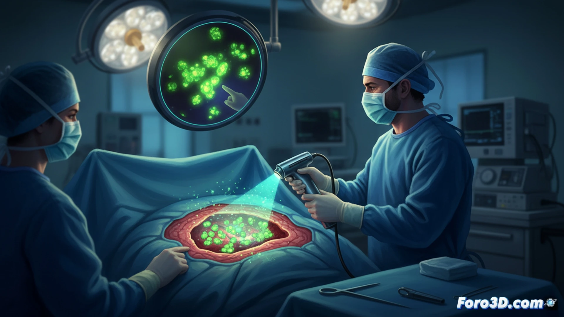 Sonda portátil Lumicell Swift escaneando lecho quirúrgico con fluorescencia verde para detectar cáncer residual en tiempo real