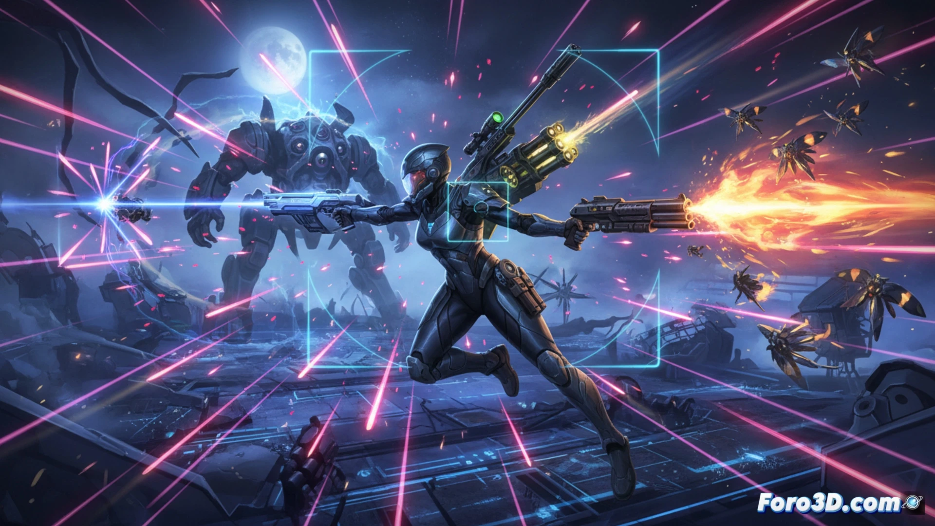 first-person sci-fi corridor combat scene, protagonist blocking a volley of slow-arc enemy bullets with precise shield timing, switching target mid-dodge to aim a laser rifle at a distant foe, shotgun raised for shield-breaking at close range, sniper rifle slung on back, multi-cannon charging on hip, neon-lit industrial tunnel, bullet trails glowing against dark metallic walls, cinematic action pose, motion blur on dodge roll, photorealistic technical render, dramatic blue and red lighting, ultra-detailed weapon mechanics, debris particles floating in zero-g, high-contrast shadows, sharp focus on character reflexes