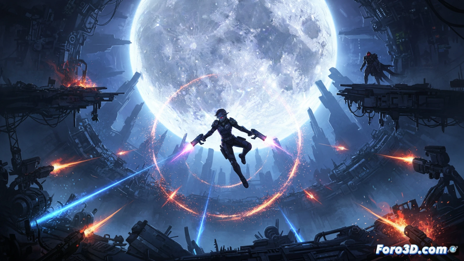 Abyss walker firing energy bullets at a floating mechanical eye boss, bullet hell projectiles curving through a dark megastructure cavern, holographic interface panels flickering around the player, Aylin's artificial silhouette watching from above, glowing blue tech conduits along metallic walls, cinematic first-person perspective, photorealistic sci-fi render, dramatic volumetric lighting, particle trails tracing enemy attack patterns, dense atmospheric fog, ultra-detailed alien machinery textures