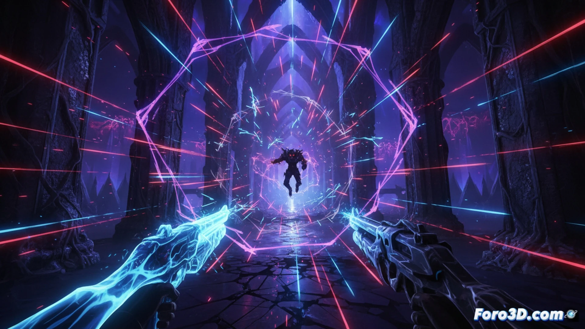 first-person shooter chaos inside a gothic abstract space station, glowing neon bullet trails crisscrossing a dark metallic corridor, player character dodging a dense wave of homing projectiles while firing a sleek energy rifle, muzzle flash illuminating intricate stone carvings and floating debris, platforming elements visible with a narrow bridge over a glowing abyss, late-game enemy swarm emerging from shadowy arches, cinematic action scene, high contrast lighting with deep blacks and bright neon accents, ultra-detailed weapon mechanics showing recoil and particle effects, photorealistic technical render