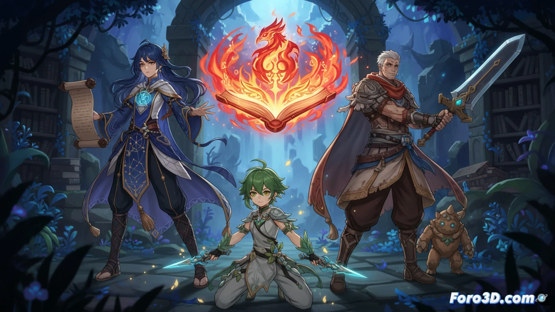 Tres nuevos personajes de Genshin Impact: Nicole, Lohen y Prune, con un catalizador de fuego, en la versión Luna VII.