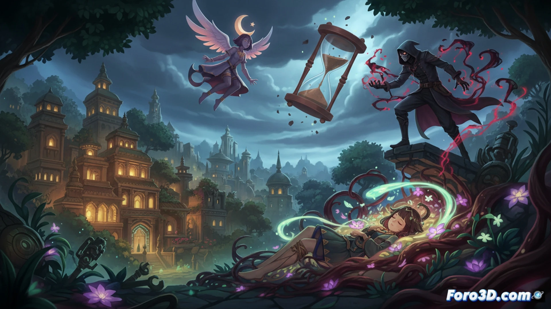 Nahida, dormida y flotando, sueña en Sumeru; una figura oscura similar a Il Dottore acecha entre ruinas antiguas.