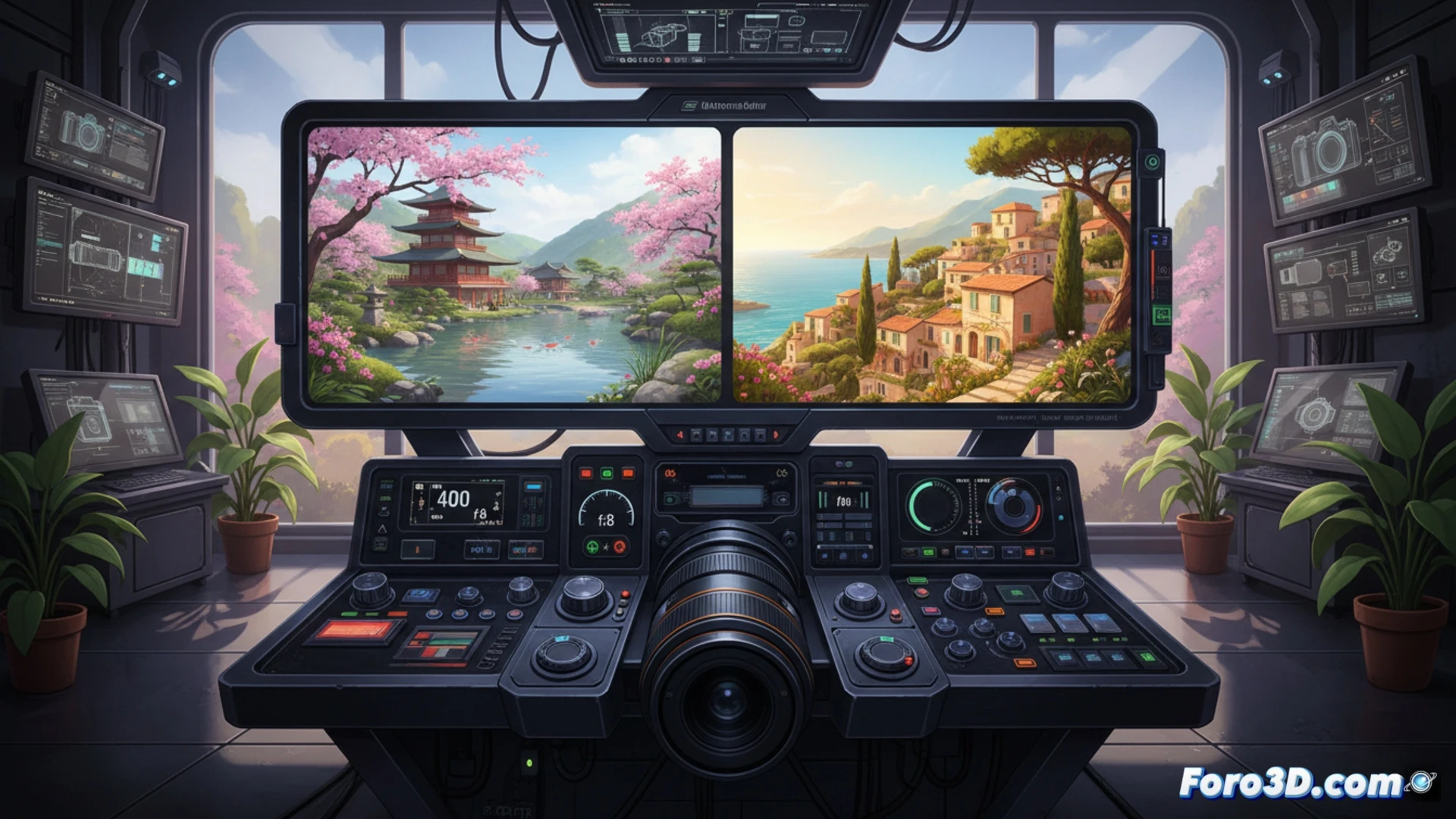 Un fotógrafo virtual ajusta ISO y apertura en un paisaje detallado de Italia, con controles DSLR realistas y vistas de Japón al fondo.