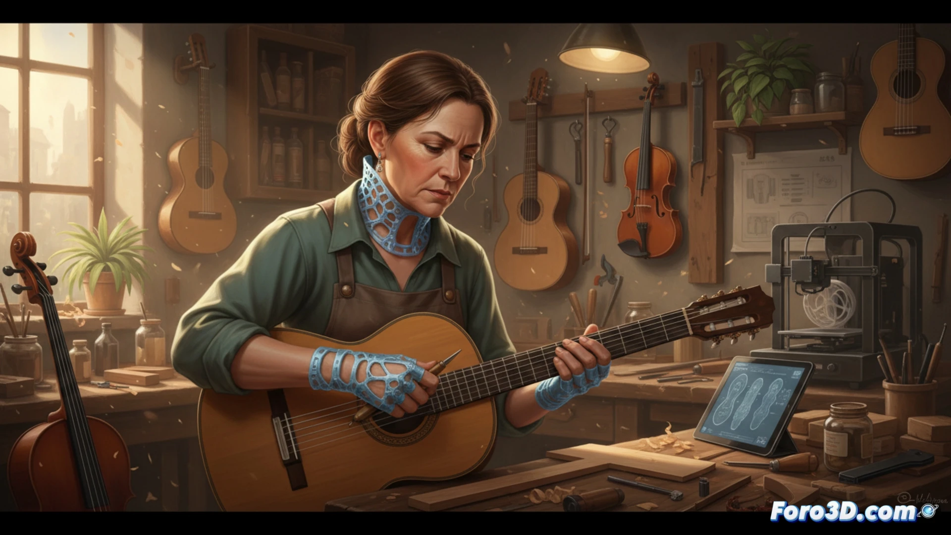 Luthier usando órtesis 3D personalizada mientras talla madera en taller artesanal, prevención de lesiones ergonómicas