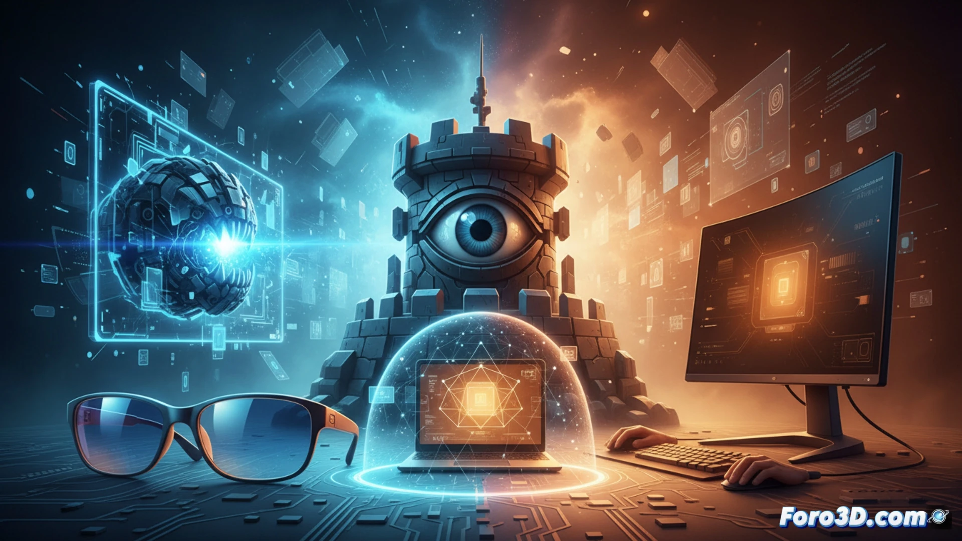 Descripción (80-120 caracteres): Ilustración moderna de tres frentes contra la luz azul: gafas con filtro, ajuste de software y monitor especializado.