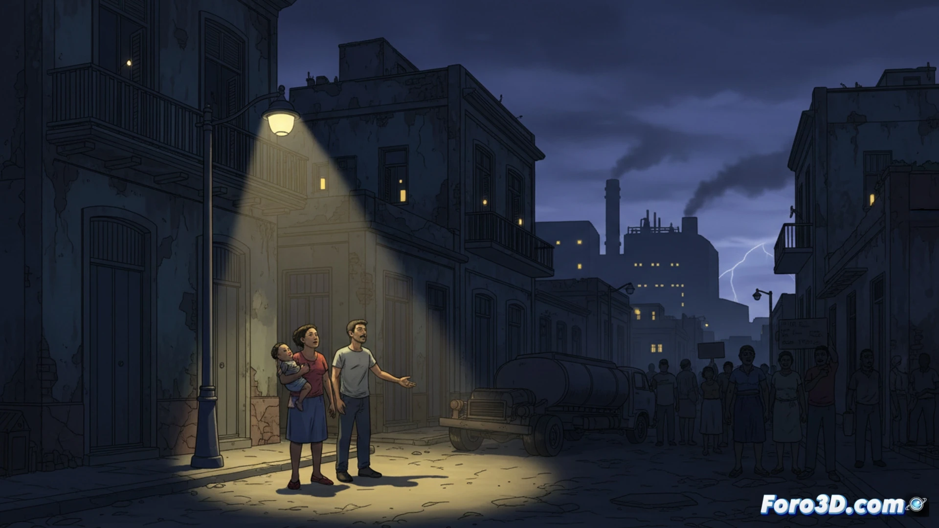Cuba power grid recovery scene, electrical substation transformers humming with faint blue glow, utility workers inspecting frayed cables and rusted fuel pumps under harsh floodlights, empty oil drums stacked nearby, solar panels partially disconnected on rooftops, a single working streetlamp illuminating a dark neighborhood, cinematic photorealistic technical illustration, dramatic chiaroscuro lighting, visible corrosion on metal components, smoke rising from a distant generator, tension in the atmosphere, ultra-detailed industrial textures