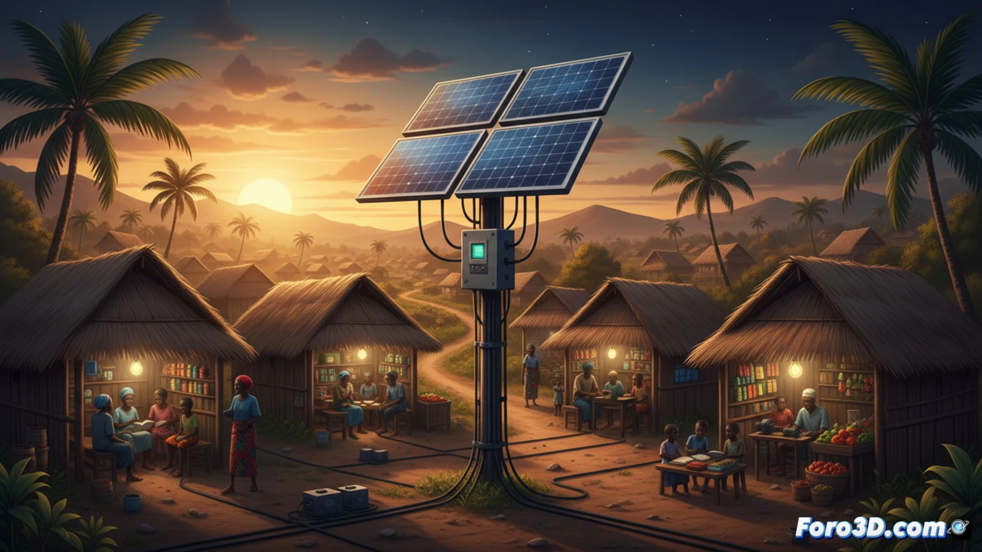 Una aldea camerunesa al atardecer con paneles solares y niños usando luces LED, bajo un cielo naranja.