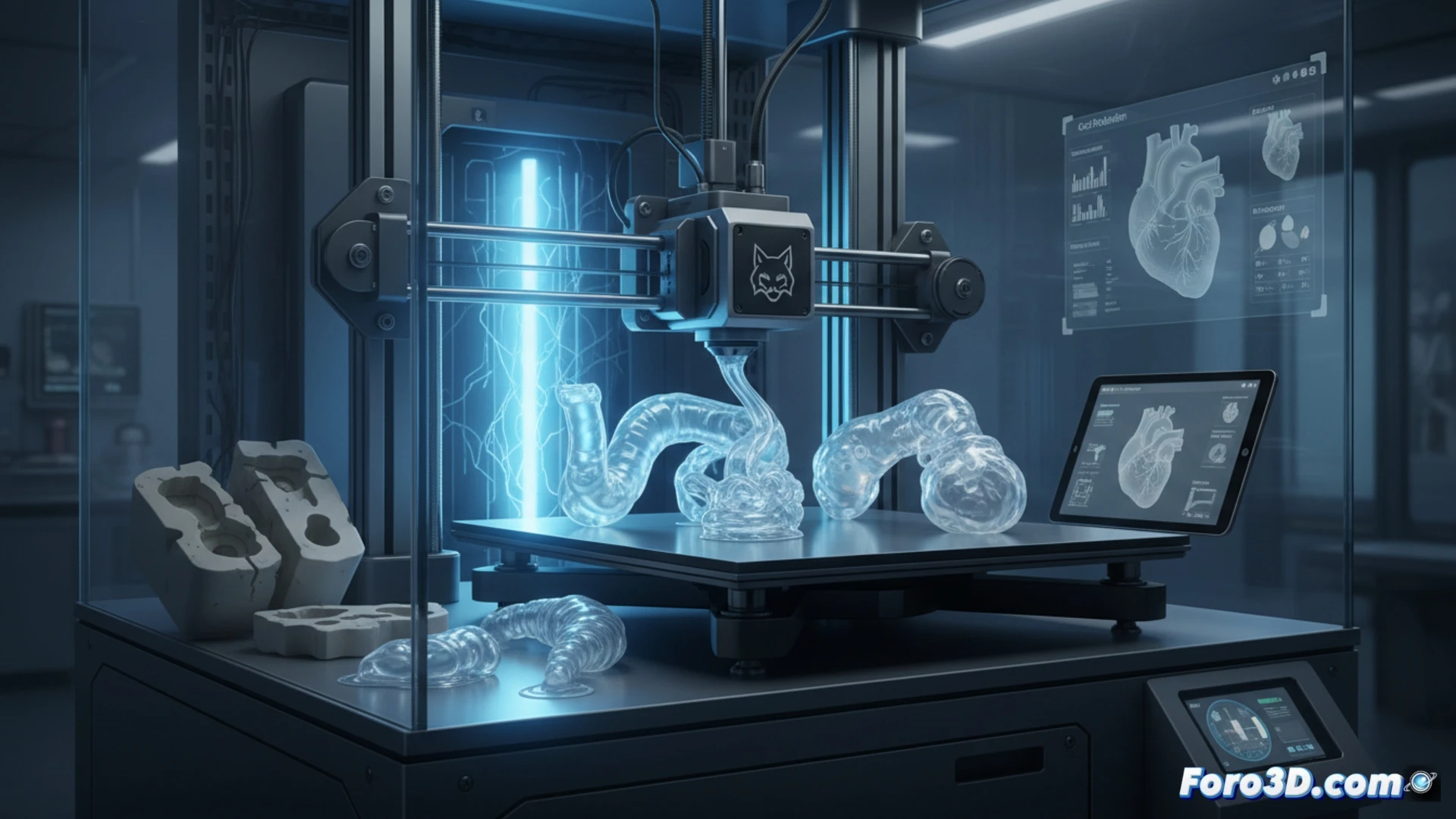 industrial robotic arm depositing translucent medical-grade silicone onto a 3D printer bed, layer-by-layer extrusion process forming a complex biocompatible implant, no visible molds or casting tools nearby, computer monitor displaying real-time print parameters, clean white laboratory environment with sterile instruments, cinematic engineering visualization, bright clinical lighting, photorealistic material rendering, silicone surface reflecting soft LED light, detailed nozzle and print head mechanics, medical device prototype emerging mid-print, action of additive manufacturing replacing traditional molding