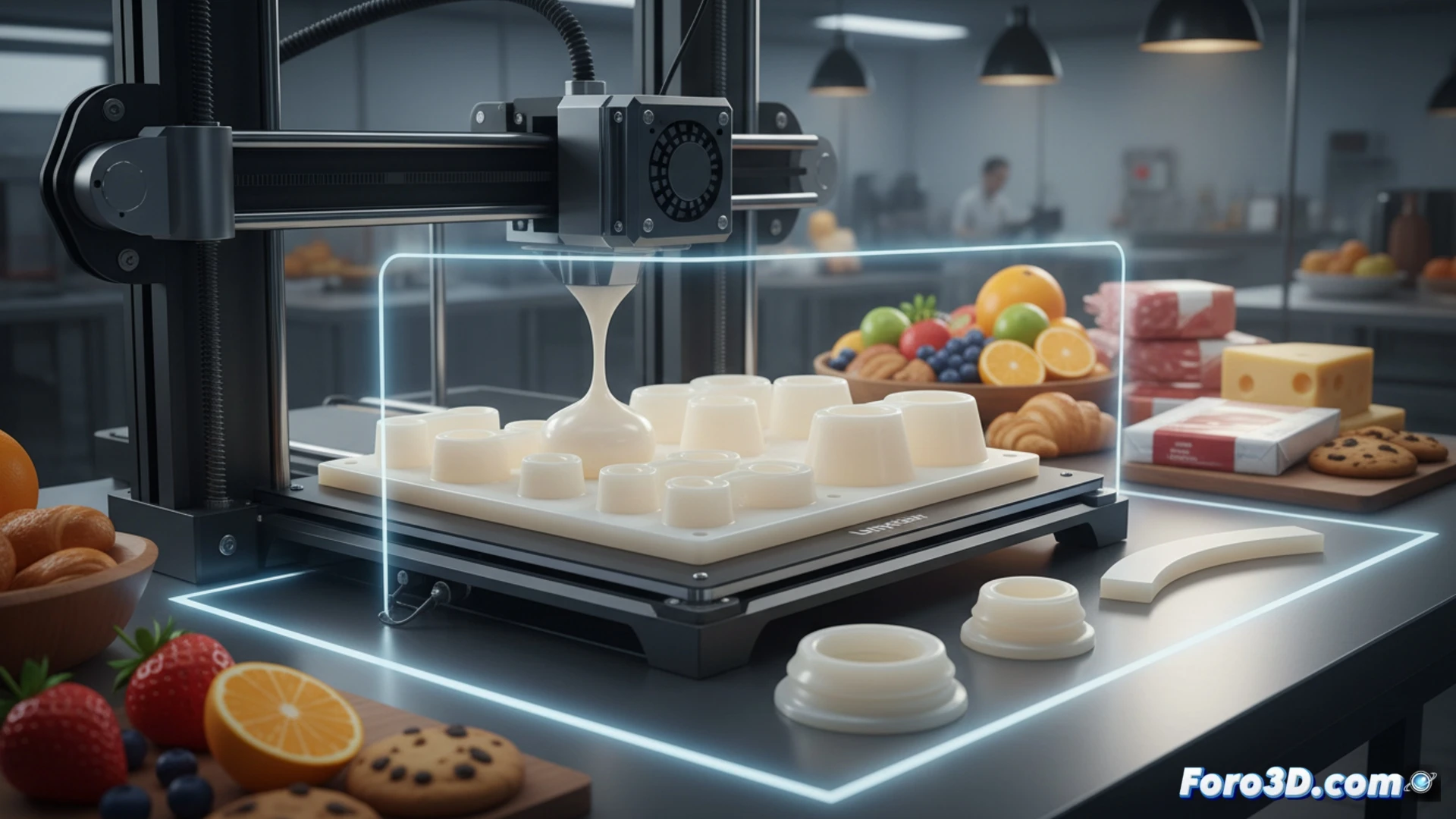 close-up of a 3D printer nozzle extruding translucent silicone onto a food-grade silicone mold, printer head moving mid-action while depositing a precise seal component, surrounding scene shows a stainless steel kitchen conveyor line with silicone scrapers and gaskets, no text or labels visible, bright clean industrial lighting, soft reflections on glossy silicone surface, photorealistic engineering visualization, ultra-detailed layer lines and nozzle tip, sterile white environment with subtle blue tint, hyperrealistic texture of platinum-cured silicone