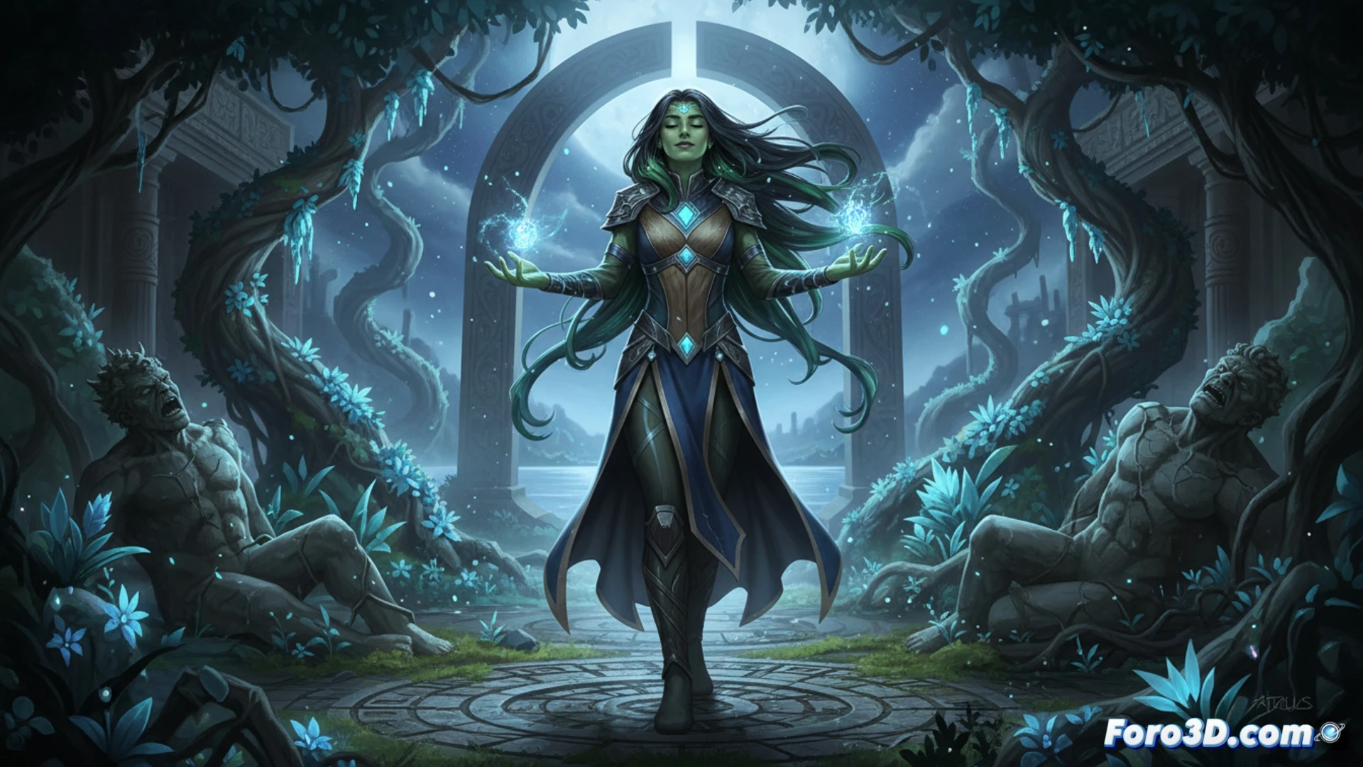 Lyra, Hija de Hulk, en pose serena con poder verde brillante, arte digital 3D feminista