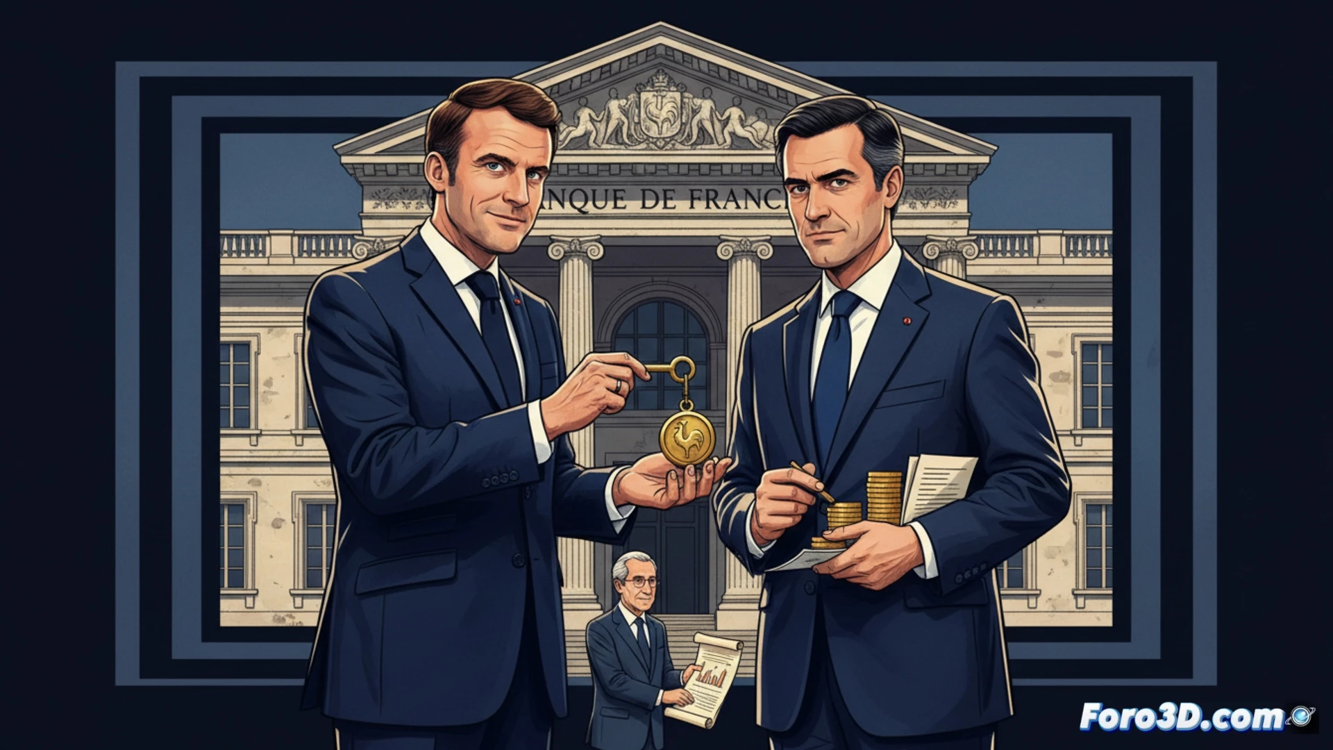 Un primer plano de Emmanuel Moulin, traje oscuro y gesto serio, firma documentos sobre una mesa de caoba. Al fondo, la fachada del Banco de Francia y la silueta borrosa de Macron observan.