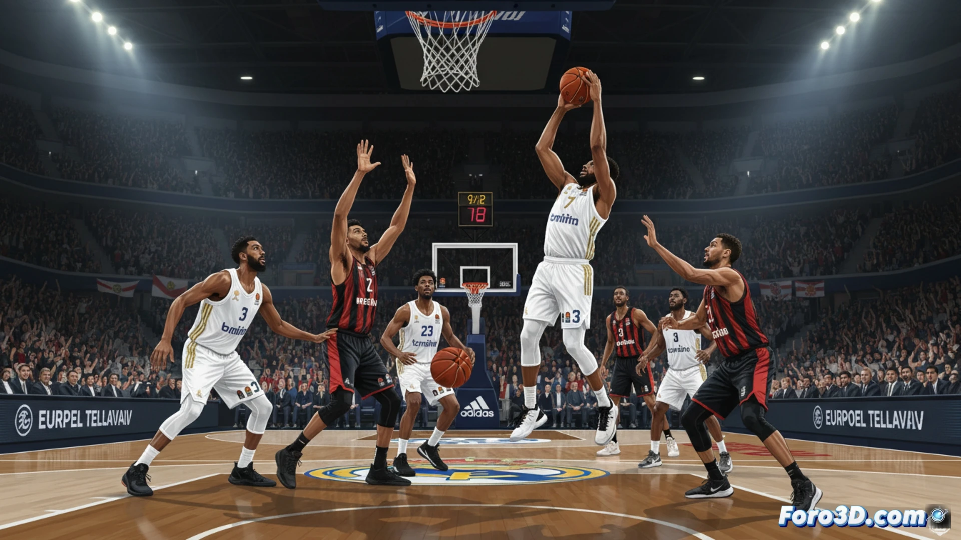Jugador del Real Madrid defiende con intensidad ante rival del Hapoel Tel Aviv en el WiZink Center.