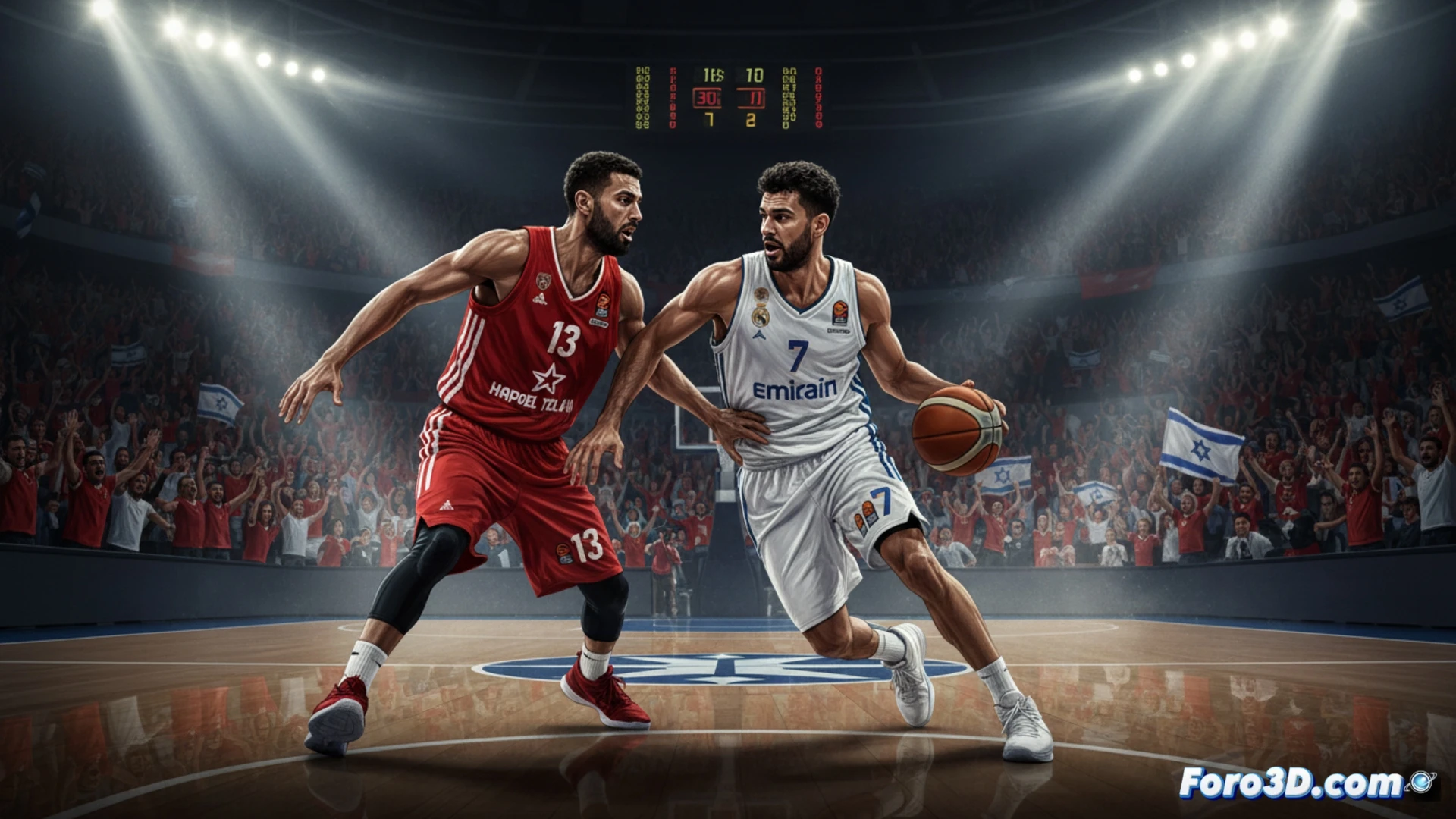 Un jugador del Real Madrid lanza a canasta ante la afición del Hapoel Tel Aviv, que anima con pasión.