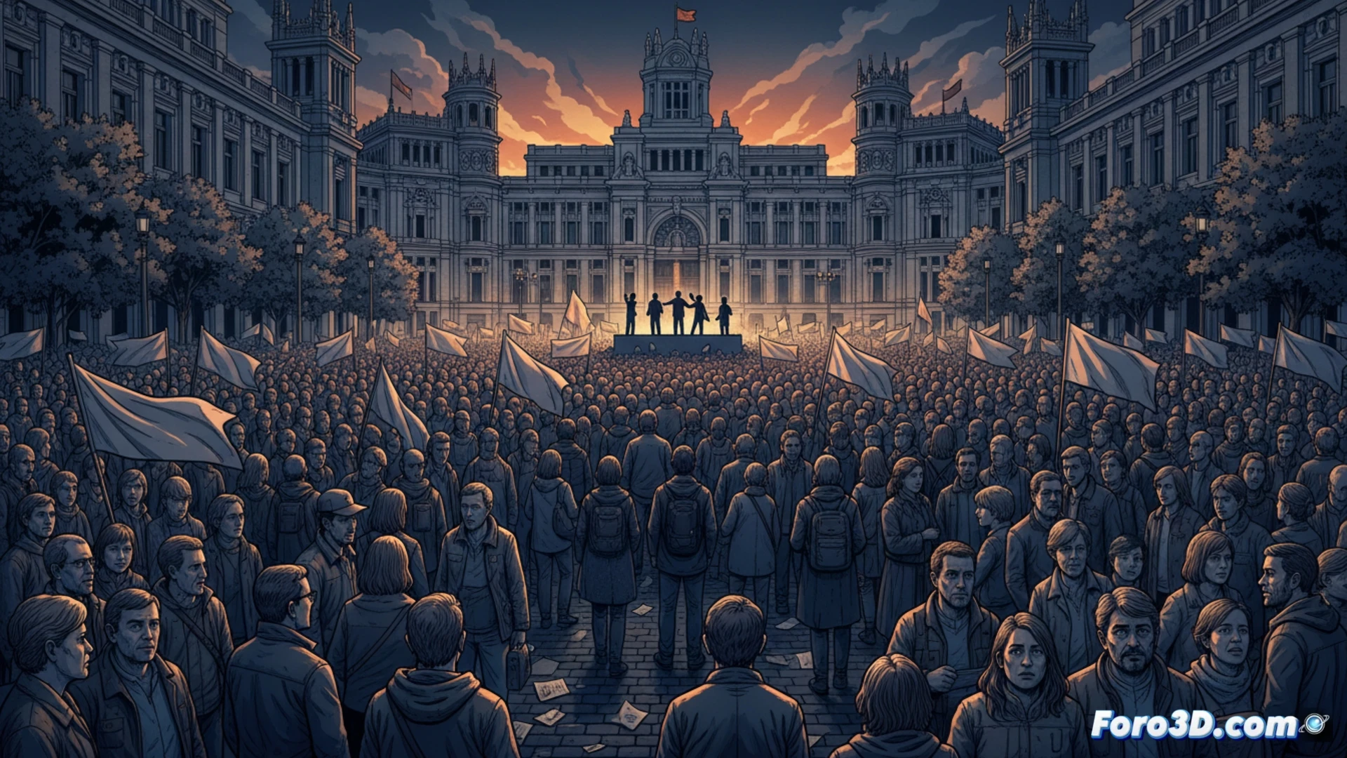 large crowd filling Madrid central square, protesters holding red and yellow flags while raising fists, aerial drone view capturing dense sea of people stretching between historic buildings, evening golden hour light casting long shadows, cinematic photorealistic style, high-angle shot emphasizing scale and tension, dramatic clouds overhead, urban landscape with iconic architecture in background, motion blur on waving banners, ultra-detailed faces and expressions, realistic crowd simulation, intense political rally atmosphere