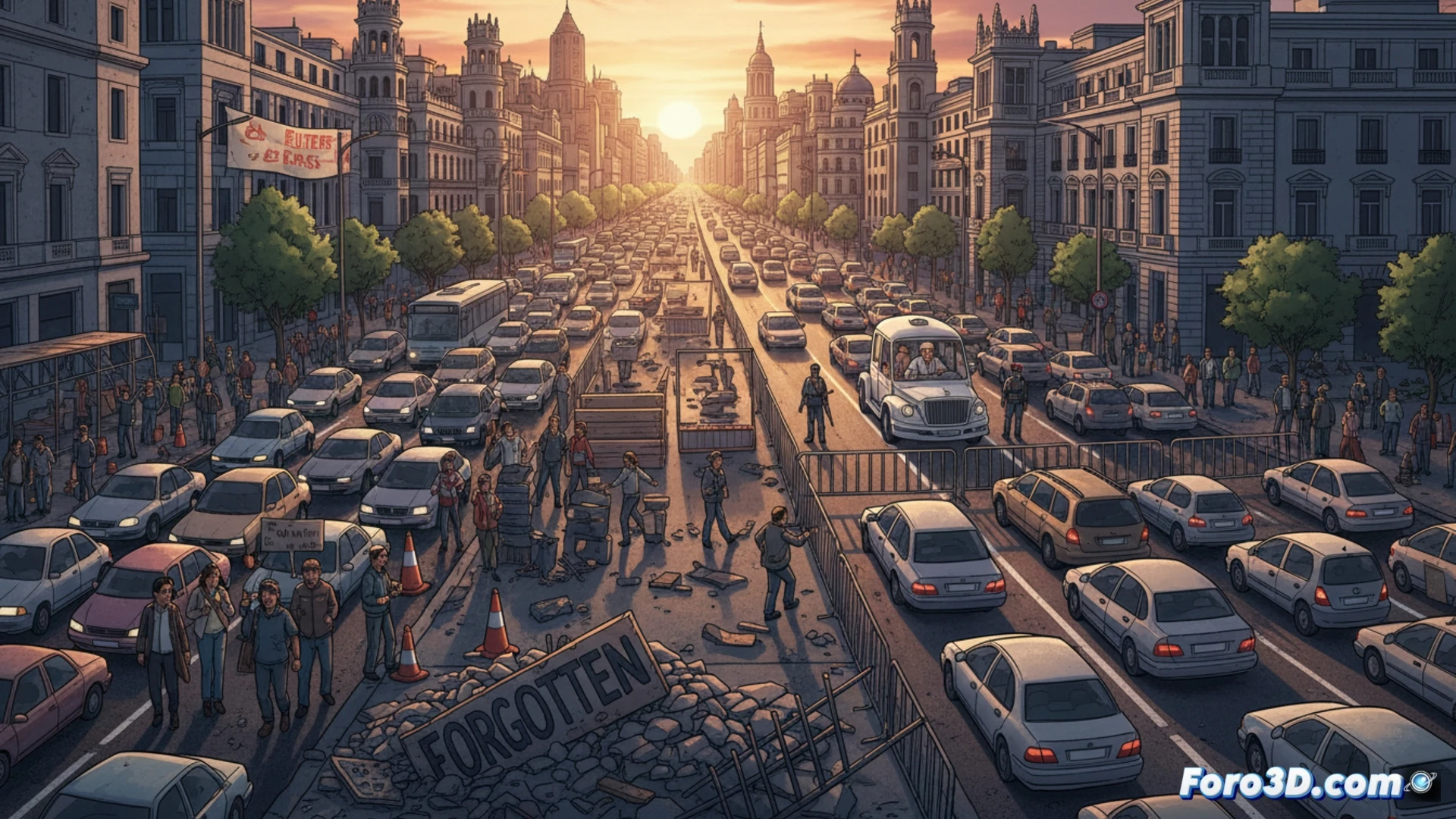 Madrid street split in two halves, one side showing smooth VIP motorcade route with pristine asphalt and police barriers, opposite side showing chaotic construction zone with broken pavement, orange cones, and frustrated residents waiting at blocked bus stop, workers using jackhammers and surveying equipment during midday traffic jam, cinematic urban contrast lighting, photorealistic technical illustration, dust particles in sunlight, cracked sidewalk details, official signage contrasting with neglected neighborhood infrastructure, dramatic wide-angle lens perspective