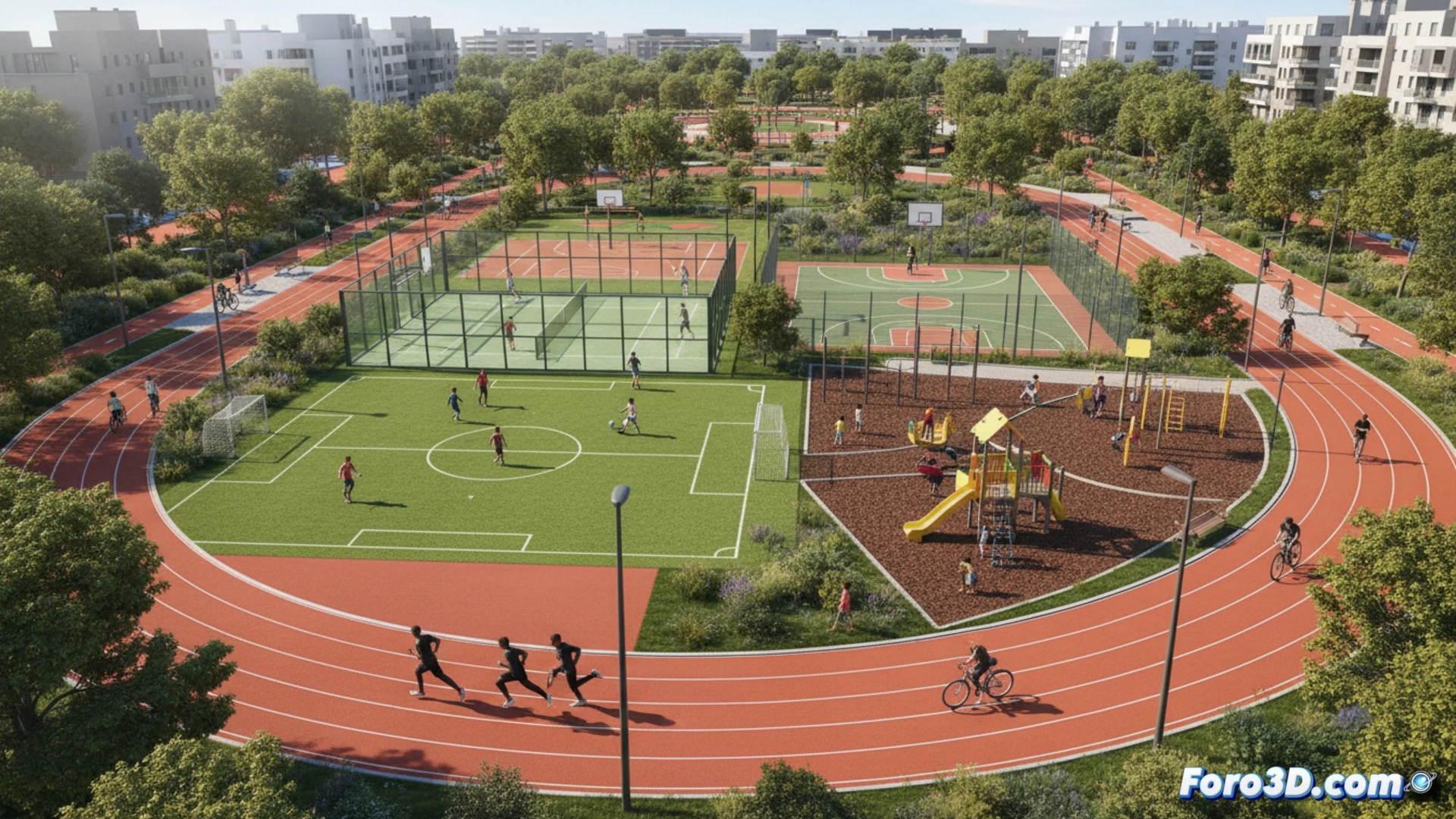 newly opened Madrid park at Peñagrande, 22000 square meters, aerial view showing red athletic track with runners in motion, two green football fields with players, blue padel courts, basketball court with player jumping, calisthenics zone with athlete performing pull-ups, children playground with kids sliding, bicycle lane with cyclist, native vegetation patches, modern urban park design, golden hour sunlight casting long shadows, photorealistic architectural visualization, high-angle drone perspective, crisp shadows, vibrant green grass and blue courts, detailed landscaping, cinematic lighting