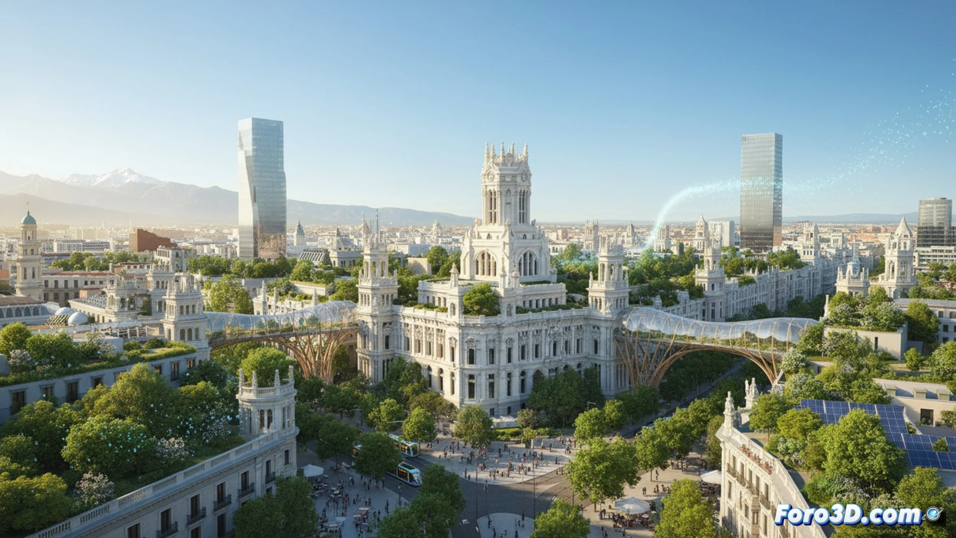 Madrid, con cielo despejado, muestra un pulmón verde gigante sobre la ciudad, símbolo de aire limpio.