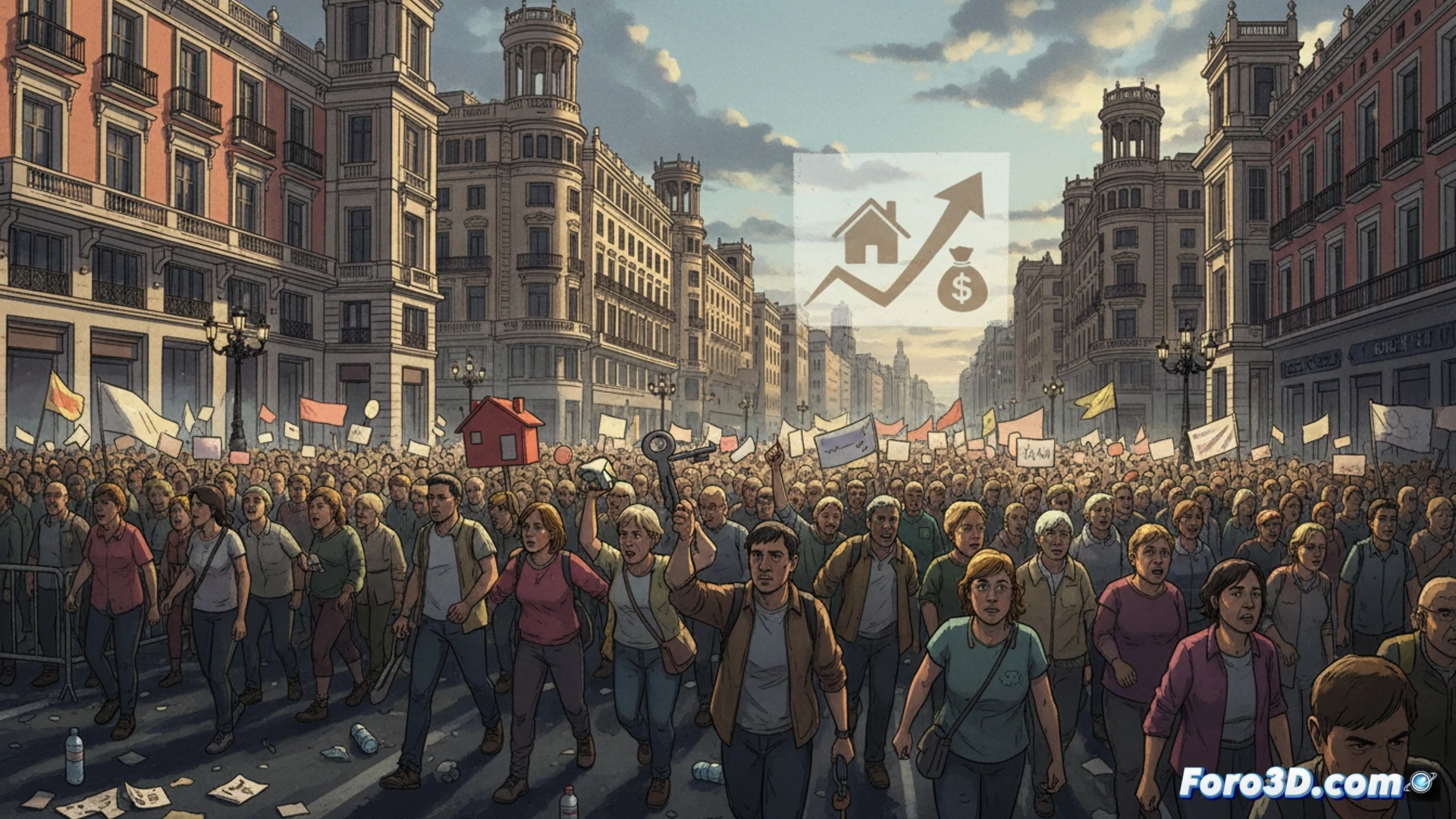 Miles de manifestantes llenando el Paseo del Prado de Madrid durante una protesta masiva, pancartas con gráficos de barras rojas mostrando aumento del 13% en alquileres, personas sosteniendo carteles con iconos de vivienda y signos de interrogación, drones de vigilancia sobrevolando la multitud, pantallas gigantes mostrando estadísticas de déficit de 700,000 hogares, edificios residenciales al fondo con ventanas iluminadas contrastando con letreros de piso turístico, estilo cinematográfico fotorrealista, iluminación de atardecer otoñal, profundidad de campo amplia, movimiento de banderas ondeando, multitud densa en acción de marcha, texturas de asfalto húmedo, hiperdetallado