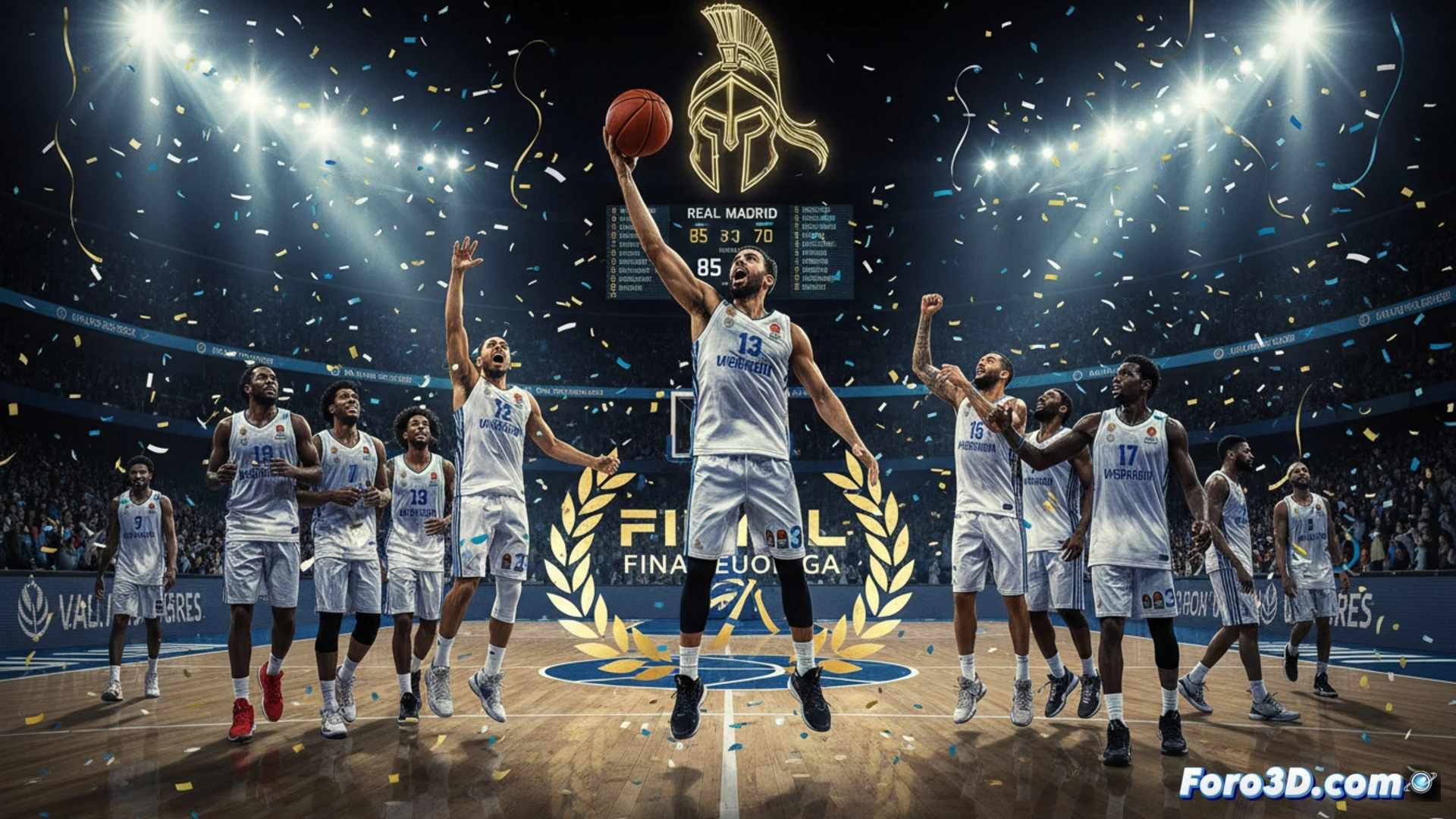 Real Madrid basketball player in white jersey executing a fast break layup past a Valencia defender, intense semifinal Euroleague action, sweat flying from motion, polished hardwood court reflecting dramatic arena lights, scoreboard blurred in background, tactical play development visible, high-contrast cinematic sports photography style, photorealistic detail, frozen mid-air action sequence, dynamic motion blur on peripherals, dramatic spotlighting on athletes, ultra-detailed muscle tension and jersey fabric, technical sports biomechanics visualization