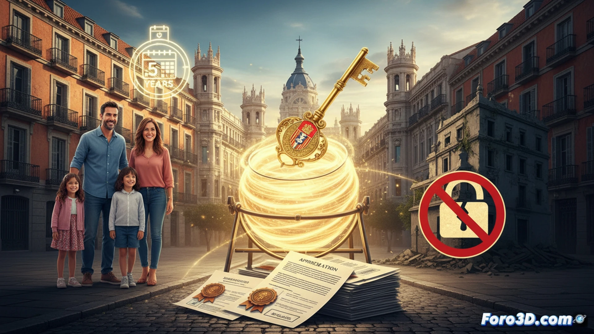 Una mesa municipal con papeletas de sorteo. Al fondo, el Ayuntamiento de Madrid. Familias esperan.