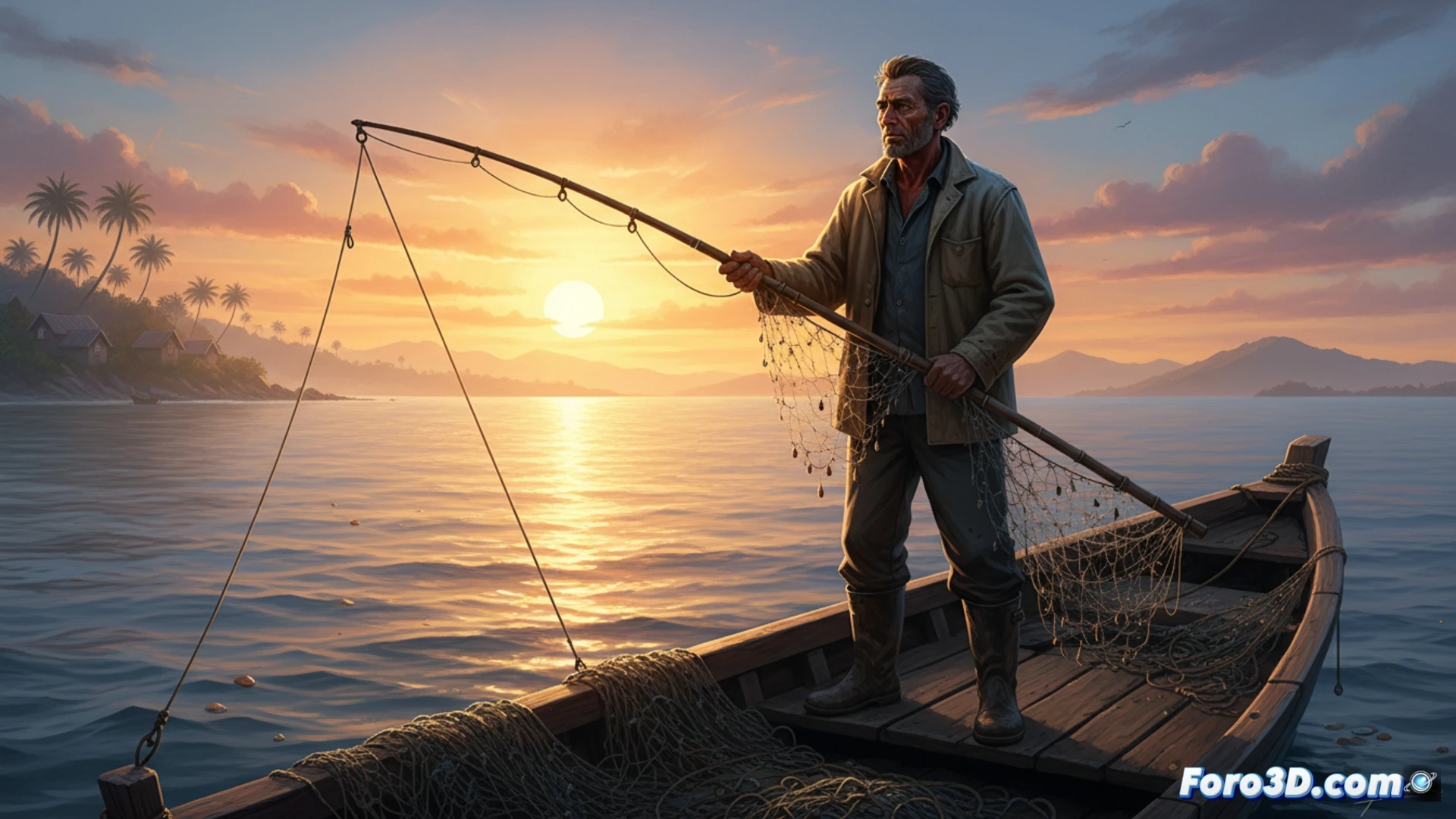 A lone fisherman casting an empty net at dawn, mist rising over a calm sea, rod tip bending with no tension, tackle box open revealing rusty hooks and tangled line, boat motor idle, sunrise casting long shadows, photorealistic cinematic scene, deep blue and orange palette, water droplets on gear, action of waiting and disappointment, hands gripping rod with quiet frustration, empty cooler beside worn boots, traditional wooden boat, ultra-detailed textures, dramatic emotional lighting