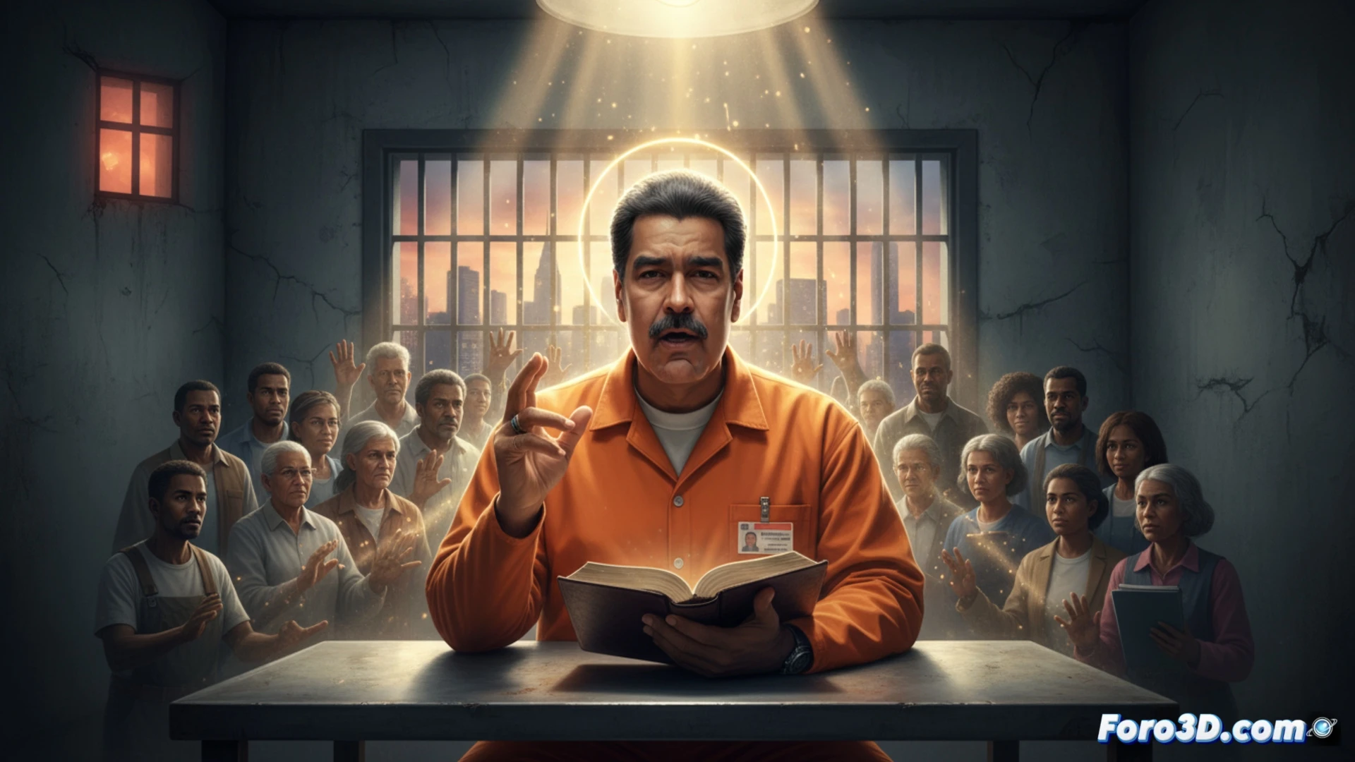 Nicolás Maduro en prisión estadounidense durante Pentecostés, a través de una reja metálica, sosteniendo una Biblia abierta en el Evangelio de Mateo, mientras un haz de luz ilumina sus manos esposadas y el muro de hormigón gris, mostrando una pequeña cámara de seguridad y un monitor de vigilancia en la esquina superior, estilo cinematográfico fotorrealista, iluminación dramática de claroscuro, textura rugosa de paredes de celda, sombras alargadas, atmósfera de tensión judicial, ultra detallado, render técnico de alta definición