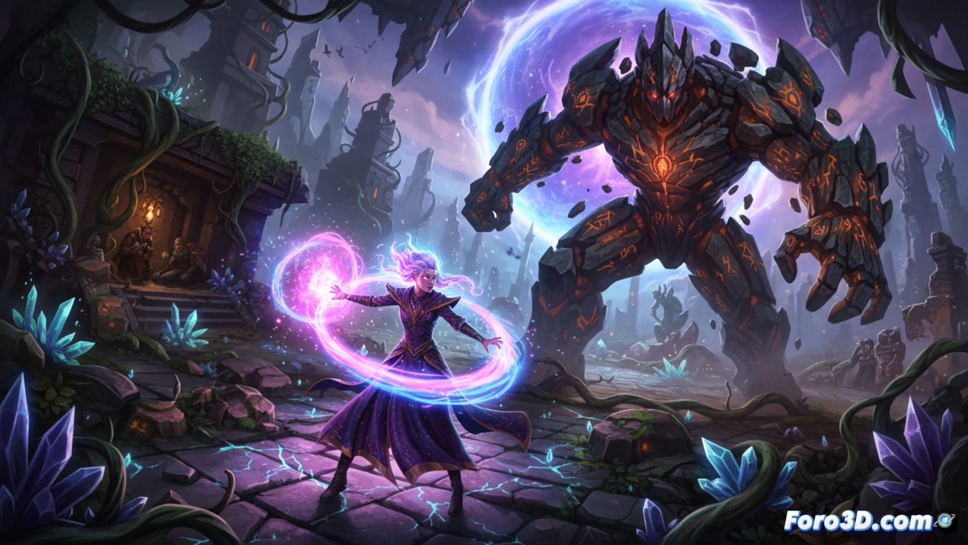 Arnin, maga del plano astral, explora un mundo devastado y enfrenta a un Señor Elemental en acción con vista superior.
