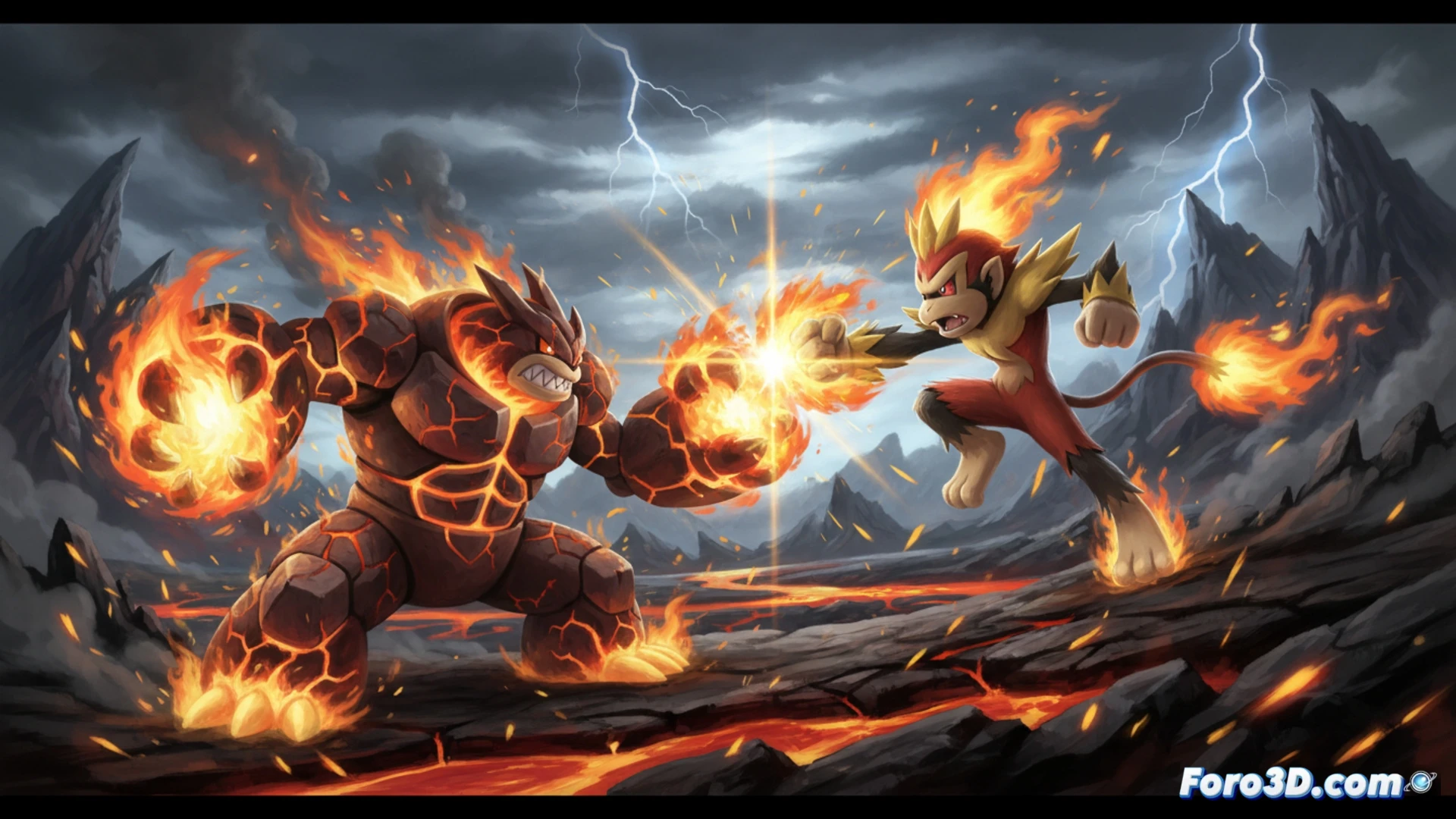 Magmortar e Infernape, dos fuegos intensos, listos para un combate explosivo en un paisaje volcánico.