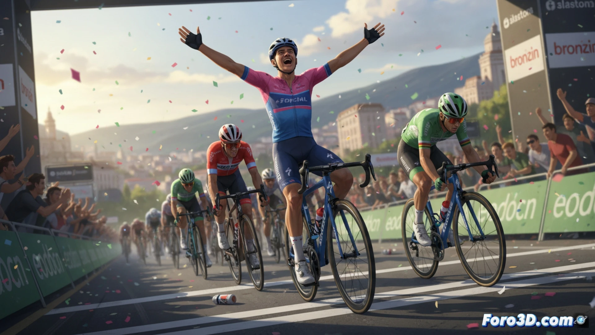 Ciclista francés Paul Magnier alza los brazos al cruzar la meta en Sofía, superando a Jonathan Milan y Dylan Groenewegen en un esprint ajustado.