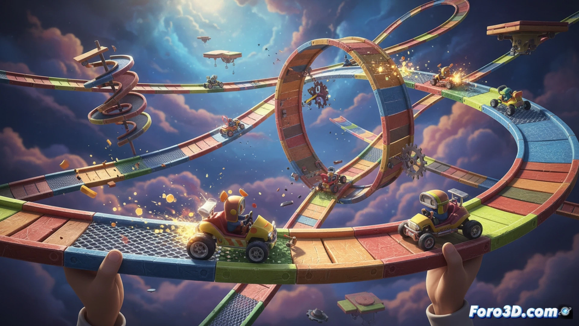 Un caos multicolor de coches diminutos sobre una pista modular con rampas, obstáculos y atajos, lista para arrancar en Steam.