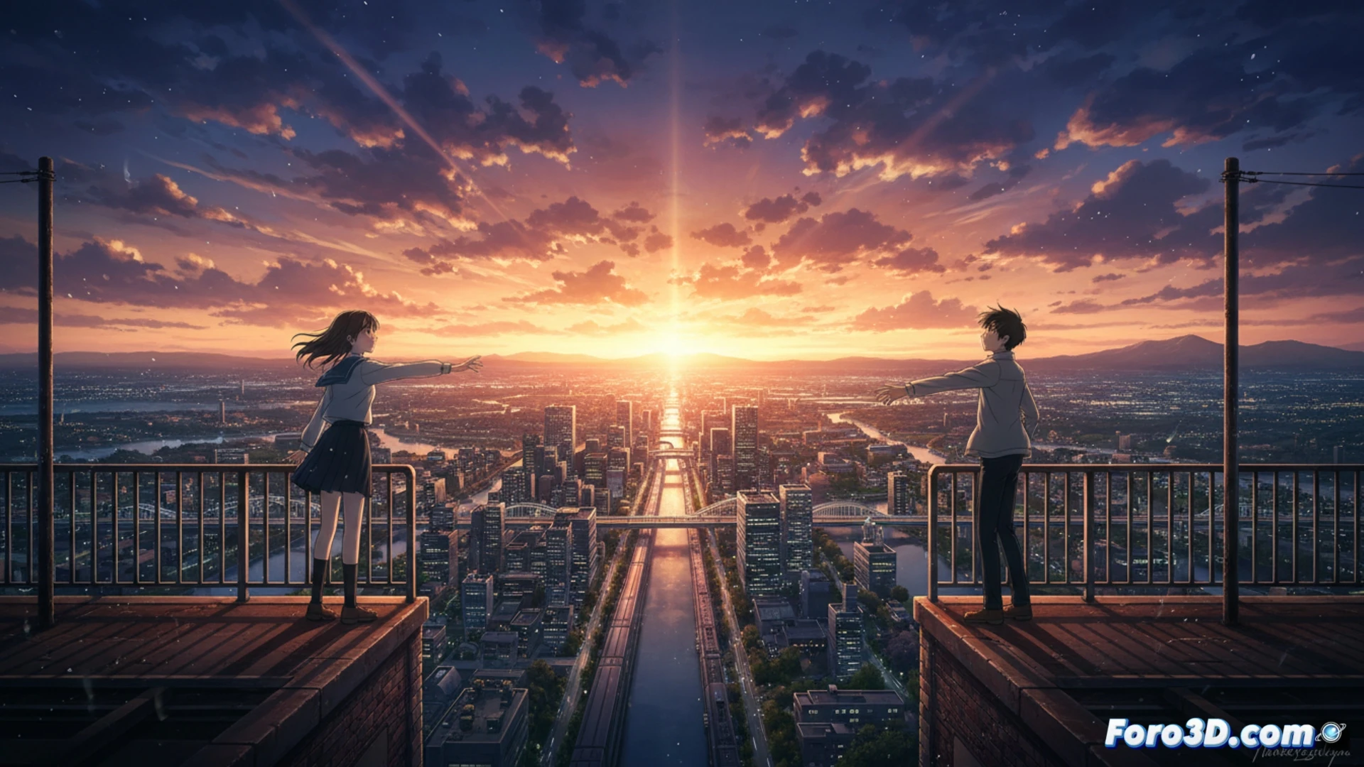 Una escena nocturna con un cielo de tonos magenta y azul profundo, reflejado en un lago brillante. Dos siluetas jóvenes, separadas por una vía de tren, miran hacia arriba. Luces urbanas titilan al fondo, creando un paisaje hiperrealista que mezcla melancolía y belleza, típico de Makoto Shinkai.