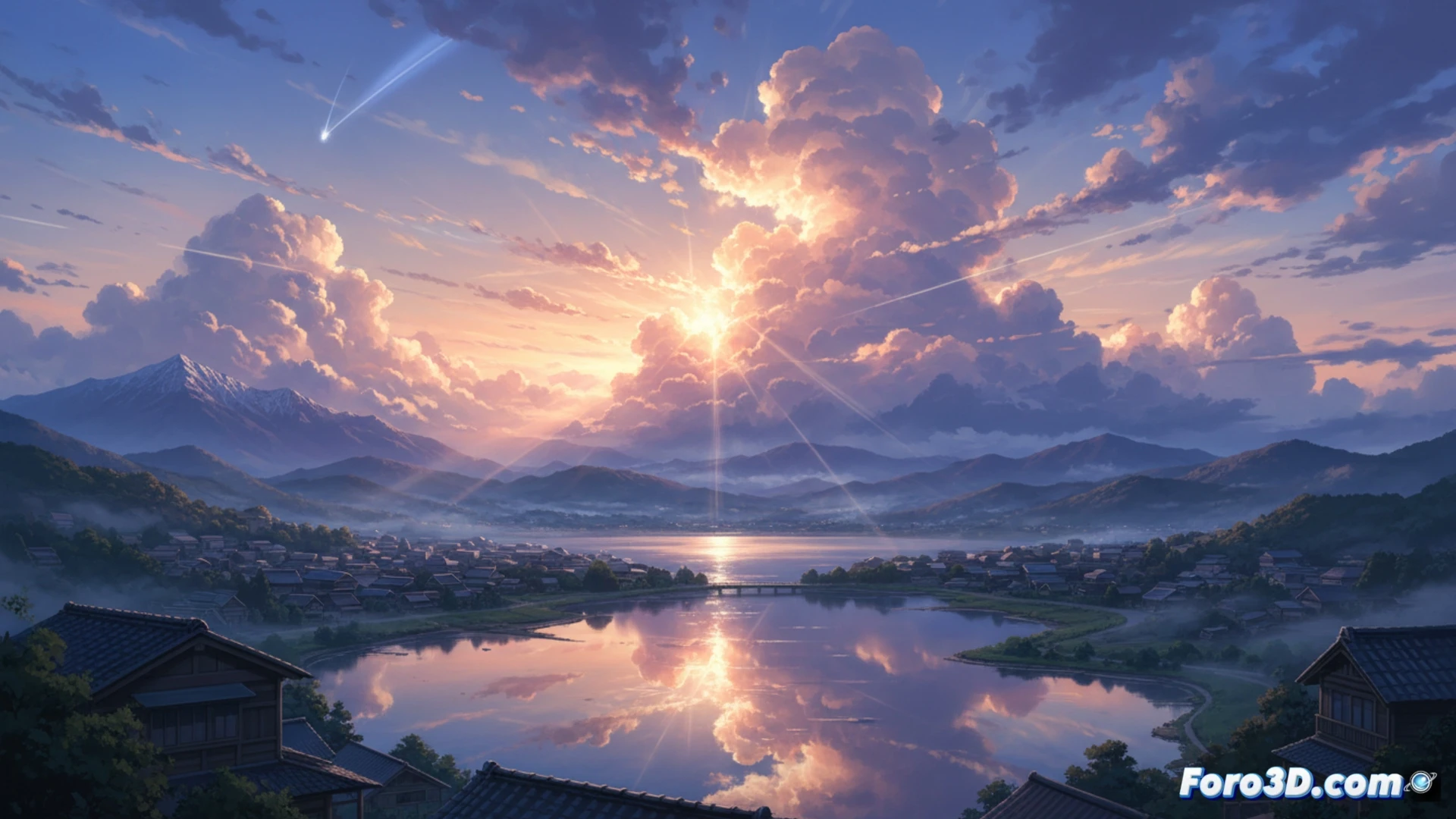 Un paisaje anime hiperrealista: cielo naranja con nubes texturizadas, reflejos de agua brillante y dos siluetas mirando el horizonte.