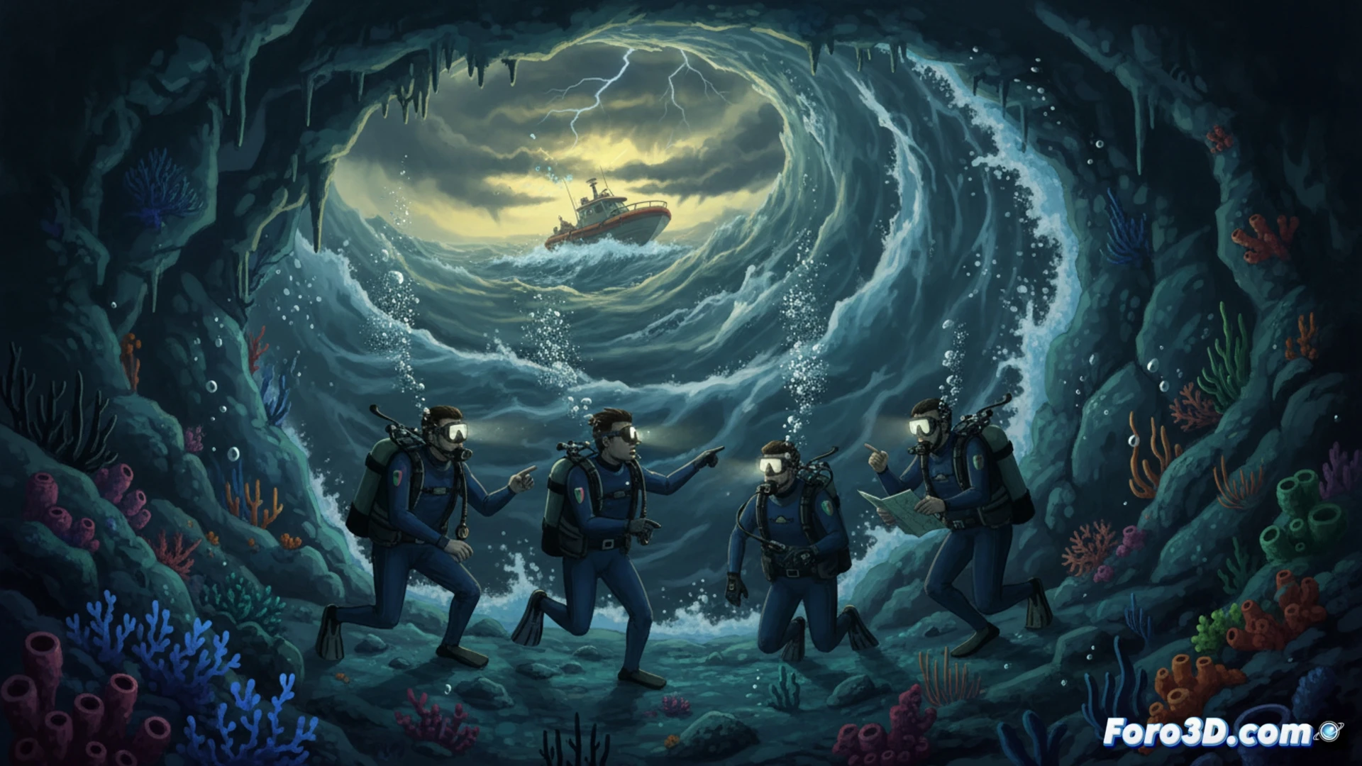 Descripción detallada de la imagen: Mar agitado bajo un cielo gris y tormentoso, con olas rompiendo contra un islote rocoso de Maldivas. En primer plano, una lancha de rescate amarrada se balancea violentamente junto a un muelle mojado por la lluvia. Al fondo, un helicóptero permanece en tierra, inactivo, mientras varios buzos con equipo completo observan el horizonte con frustración. La escena transmite la tensión y la parálisis causada por el mal tiempo.

DESCRIPCIÓN (80-120 caracteres): Mar tormentoso en Maldivas; lancha y helicóptero de rescate detenidos. Buzos observan olas, frustrados.