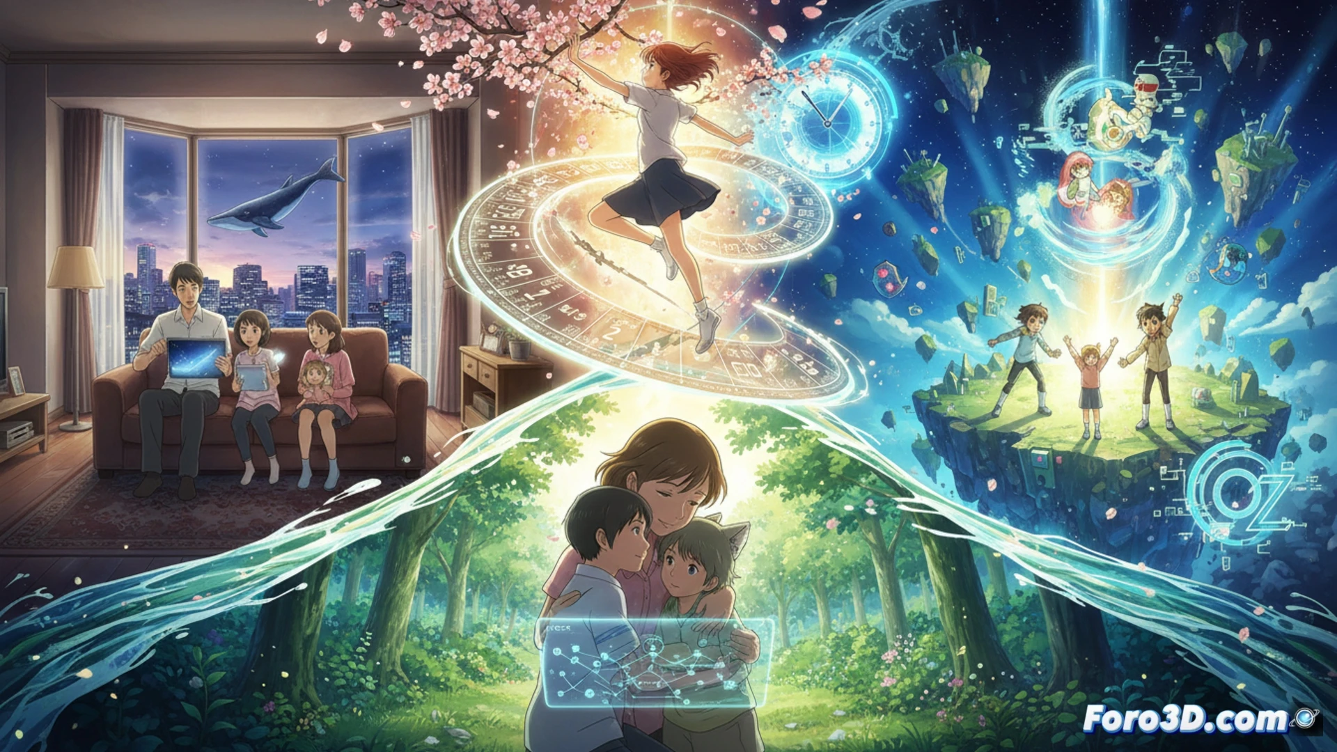 Mamoru Hosoda frente a un paisaje digital, con personajes de sus películas flotando entre lazos familiares y tecnología.