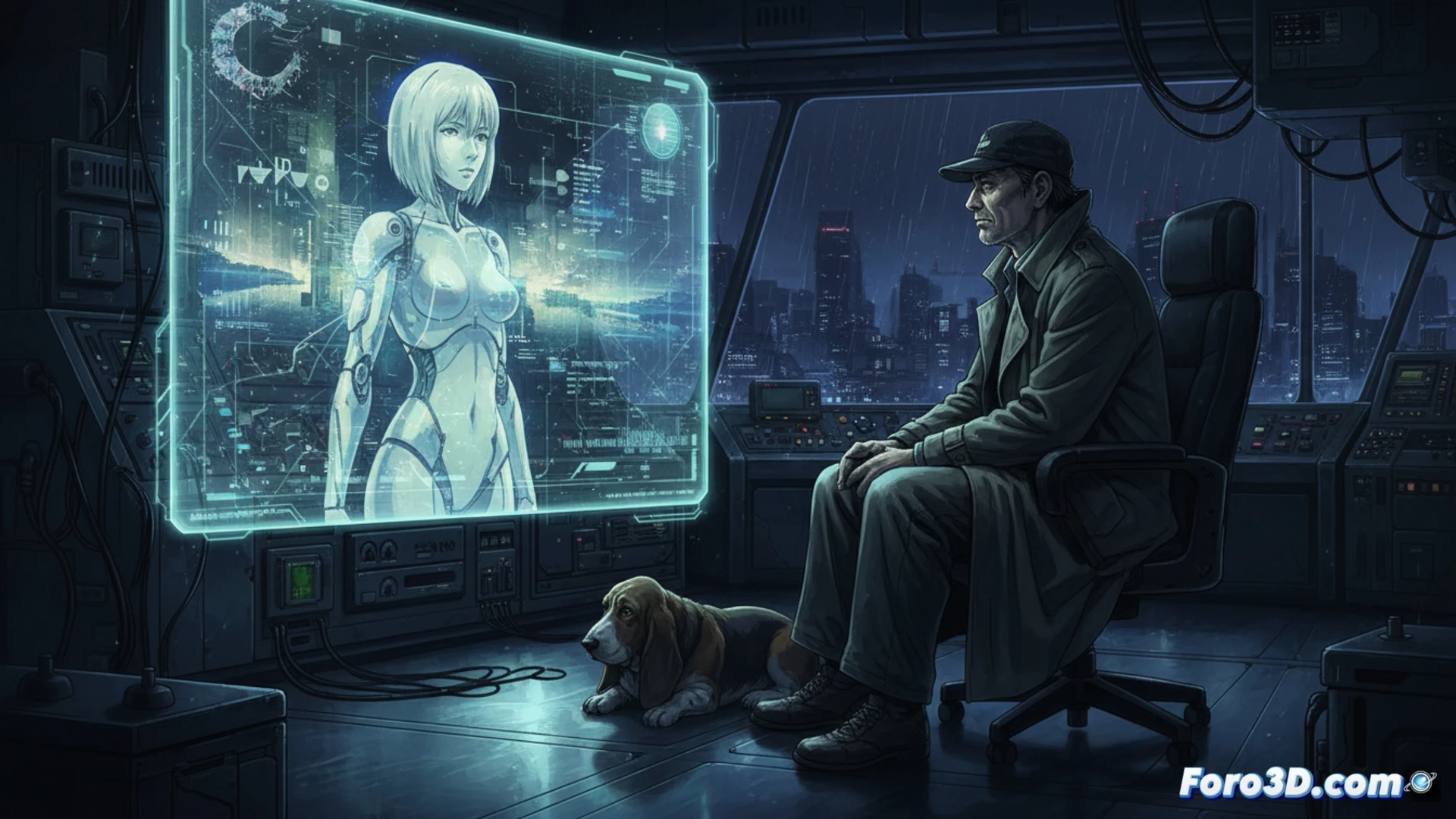 Una escena cyberpunk de Ghost in the Shell: la Mayor Motoko Kusanagi, de espaldas, observa una ciudad futurista y lluviosa, con neones reflejados en el agua, símbolo de identidad y realidad.