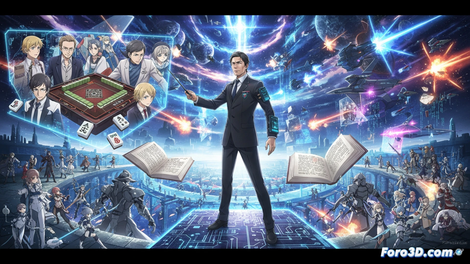 Manabu Ono en estudio digital, rodeado de pantallas con caos visual, dirigiendo combates multitudinarios de Sword Art Online y Horizon.