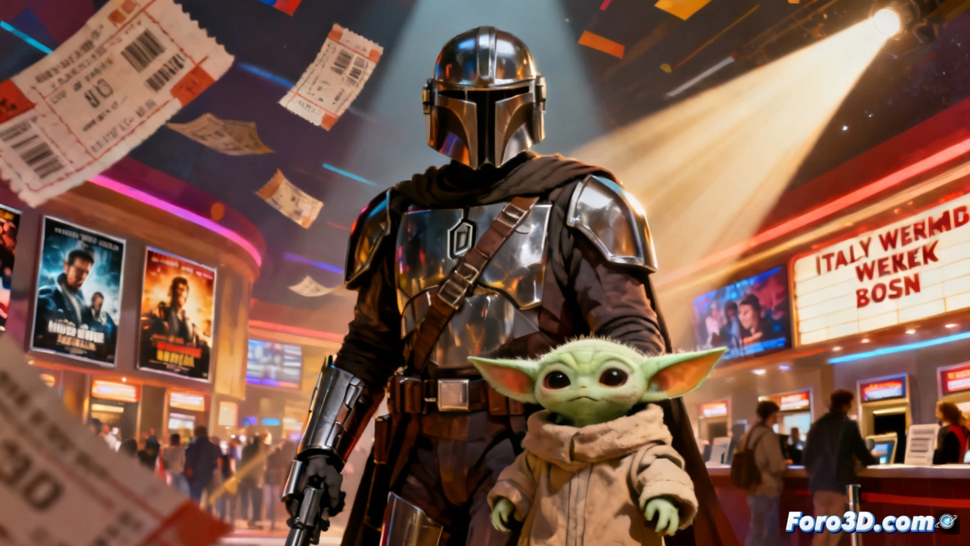 cinematic scene inside a modern Italian cinema, a large movie poster for The Mandalorian and Grogu glowing on a digital display, a box office ticket counter showing a sold-out sign, a projection beam cutting through dark auditorium with audience silhouettes, a cash register with euro bills and coins, a smartphone showing a declining percentage graph on a financial app, dramatic chiaroscuro lighting, red velvet seats, photorealistic technical illustration, ultra-detailed textures, cinematic atmosphere
