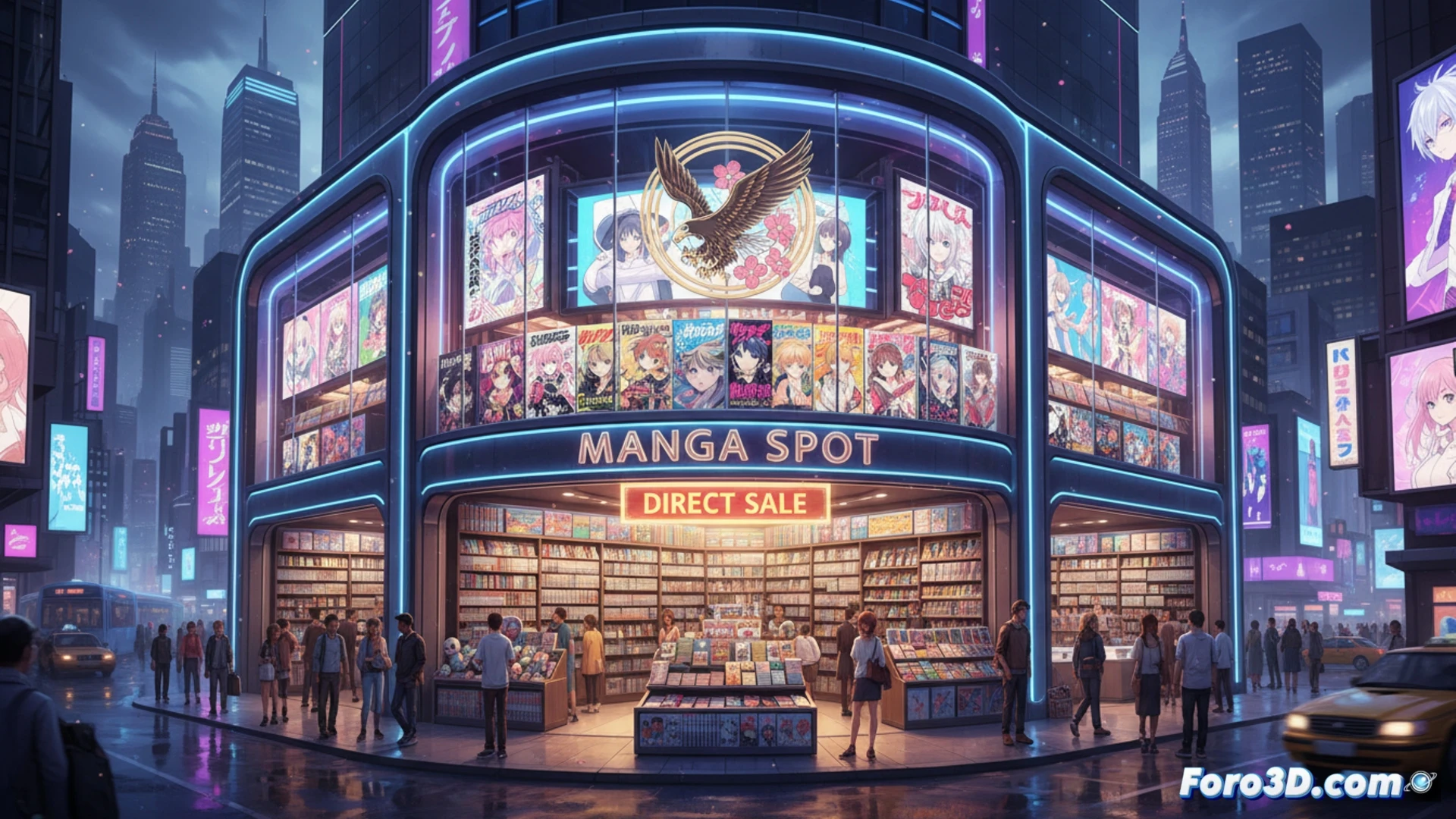 Un mapa de Norteamérica con estanterías de manga y figuras de plástico expandiéndose desde Japón hasta tiendas físicas en EE.UU.
