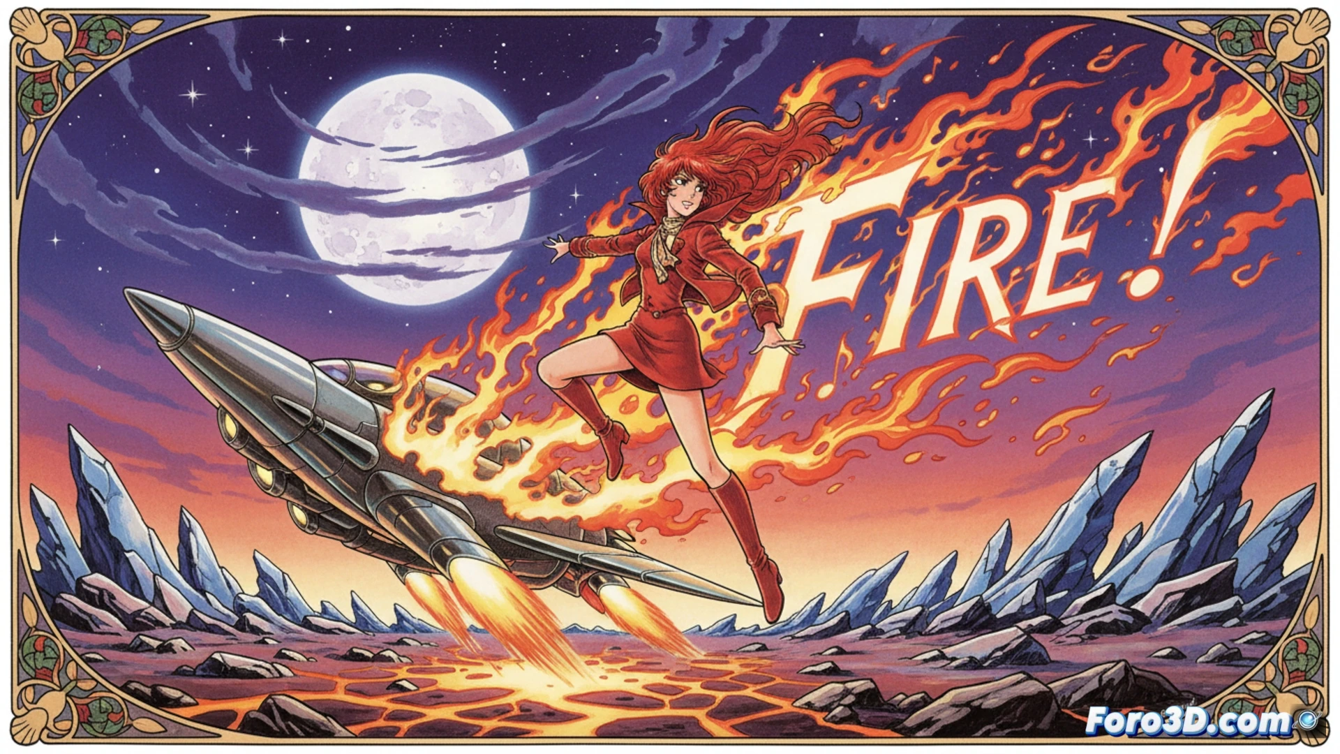 Descripción: Portada de Fire! de Hideko Mizuno, con una heroína shojo de los 60, cabello al viento y fondo en llamas, en estilo retro japonés.