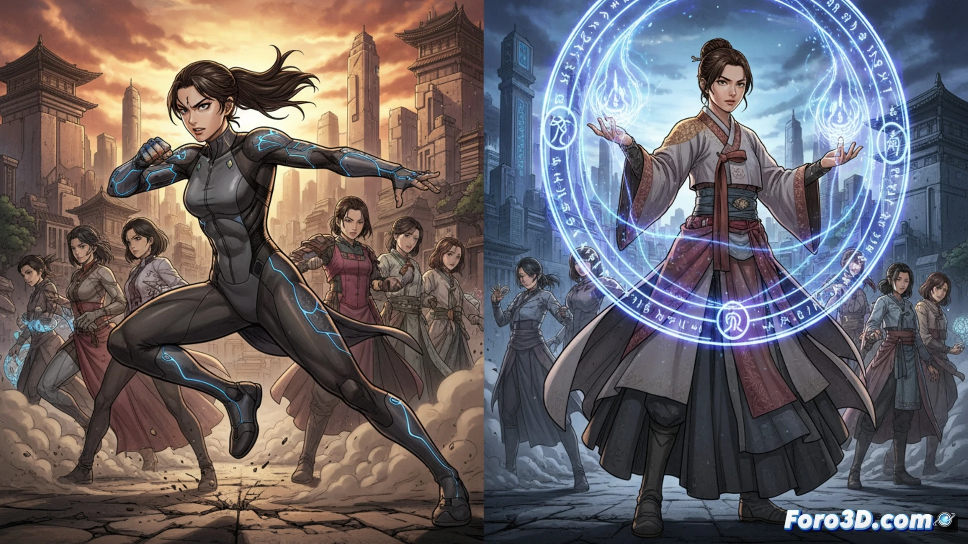 manhwa protagonistas femeninas en combate, dos escenas paralelas lado a lado, izquierda: Ingui Yoon de Girls of the Wild's ejecutando un poderoso golpe de puño en un ring de artes marciales escolares, sudor y polvo levantándose, iluminación dramática de reflectores, estilo cinematic action manga; derecha: Kubera canalizando magia lenta con un libro antiguo flotante, chispas de energía azul rodeando sus manos, fondo de ruinas místicas, partículas de luz suspendidas en el aire, estilo fantasy anime render; ambas mujeres demostrando control absoluto de la escena, vestimenta detallada con pliegues de tela en movimiento, sombras marcadas, colores vibrantes saturados, ultra-detallado, photorealistic digital painting