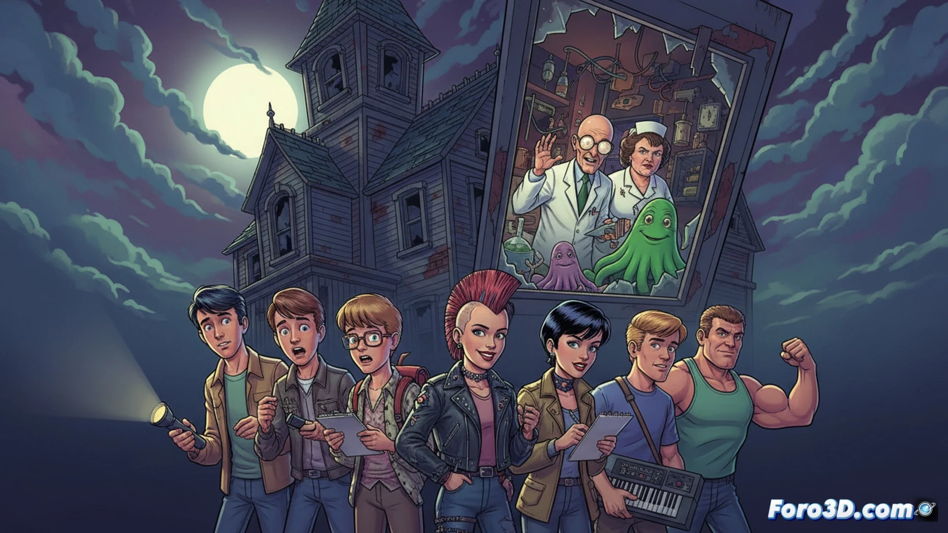 Una mansión victoriana en estilo pixelart ochentero, con siete personajes caricaturescos en primer plano, un cursor de ratón y un puzle visual, evocando la aventura gráfica clásica.