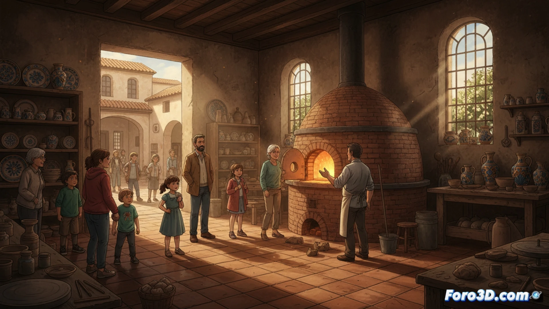 artisan ceramist demonstrating traditional wheel throwing inside a historic Manises kiln workshop, wooden shelves stacked with glazed pottery, open brick oven showing glowing embers, clay splattered on wooden workbench, natural light streaming through arched doorway, visitors observing while holding ceramic fragments, technical illustration style, warm terracotta and ochre tones, detailed texture of kiln bricks and pottery tools, photorealistic architectural render, dramatic chiaroscuro lighting