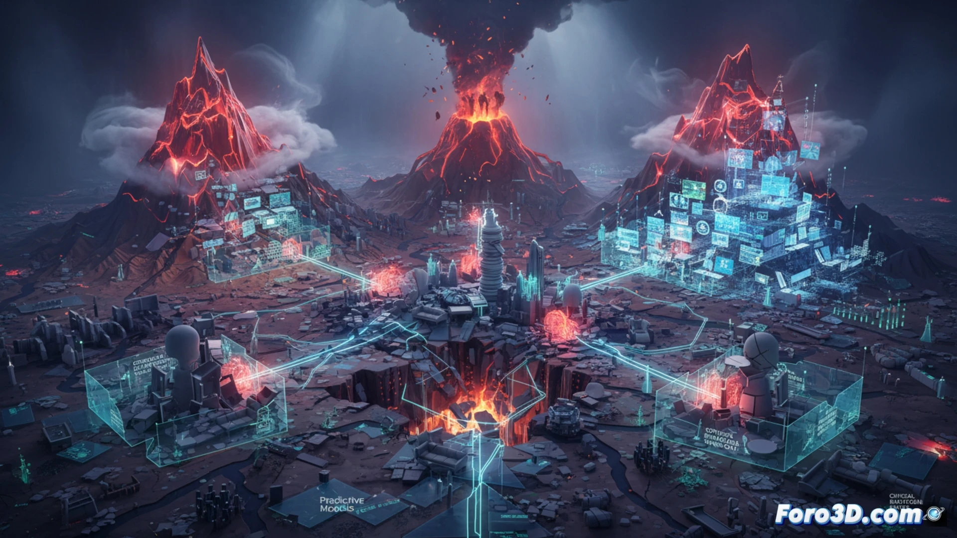 Mapa 3D con termograma de burnout en psicólogos, puntos rojos de riesgo laboral y curvas de fatiga visual