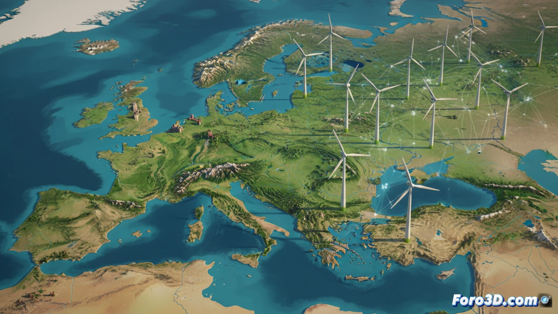 Mapa de Europa coloreado por calidad paisajística con puntos rojos de parques eólicos superpuestos