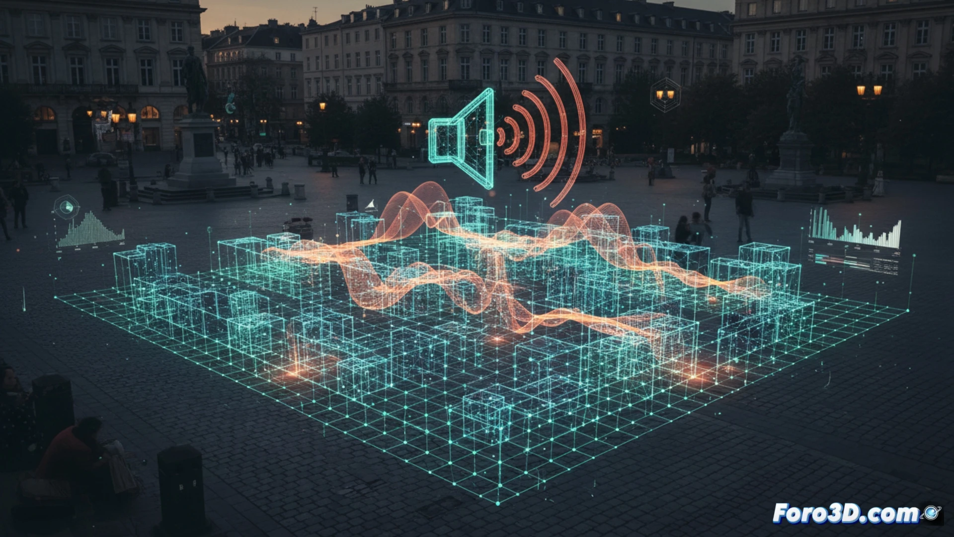 Simulación acústica 3D de una plaza urbana con ondas sonoras rebotando en edificios