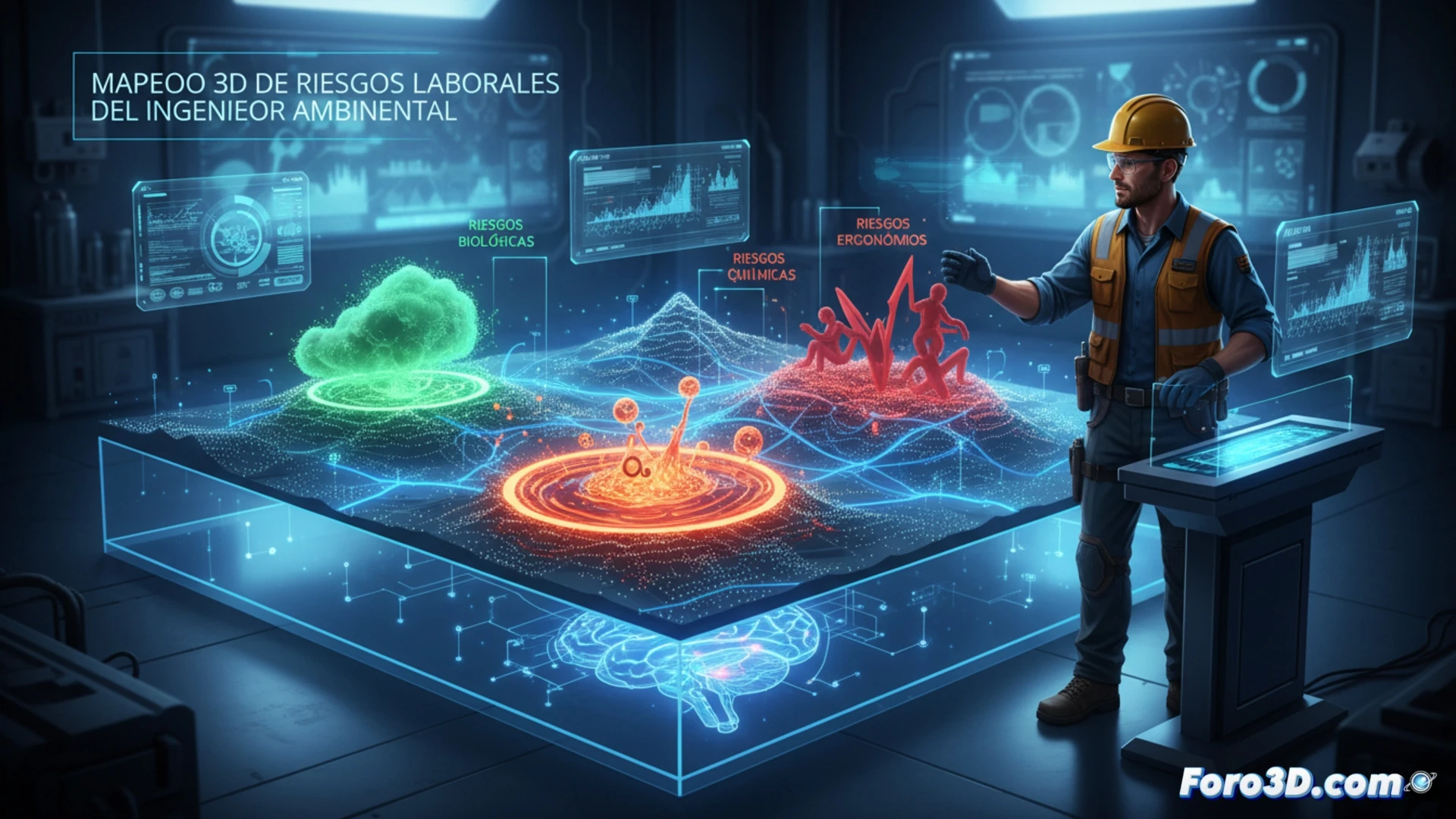 Mapa 3D interactivo de riesgos laborales para ingeniero ambiental, mostrando zonas de peligro químico y biológico
